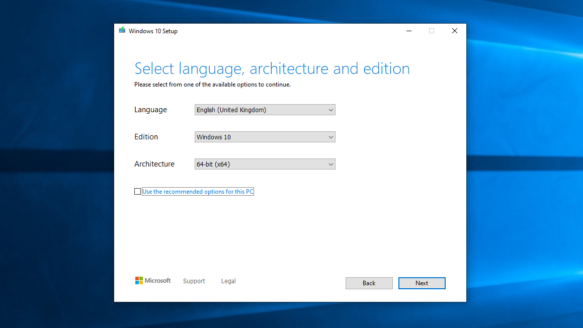 Paso 3 sobre cómo crear medios de instalación de Windows 10: seleccione el idioma, la edición y la arquitectura y haga clic en Siguiente.