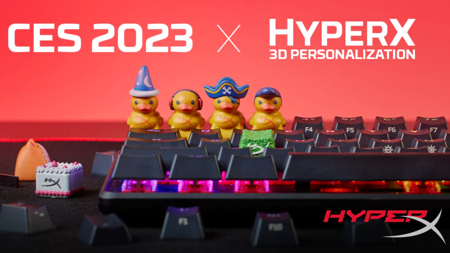 A promotional image for HyperX's HX3D service, featuring several 3D-printed duck keys on top of a keyboard.