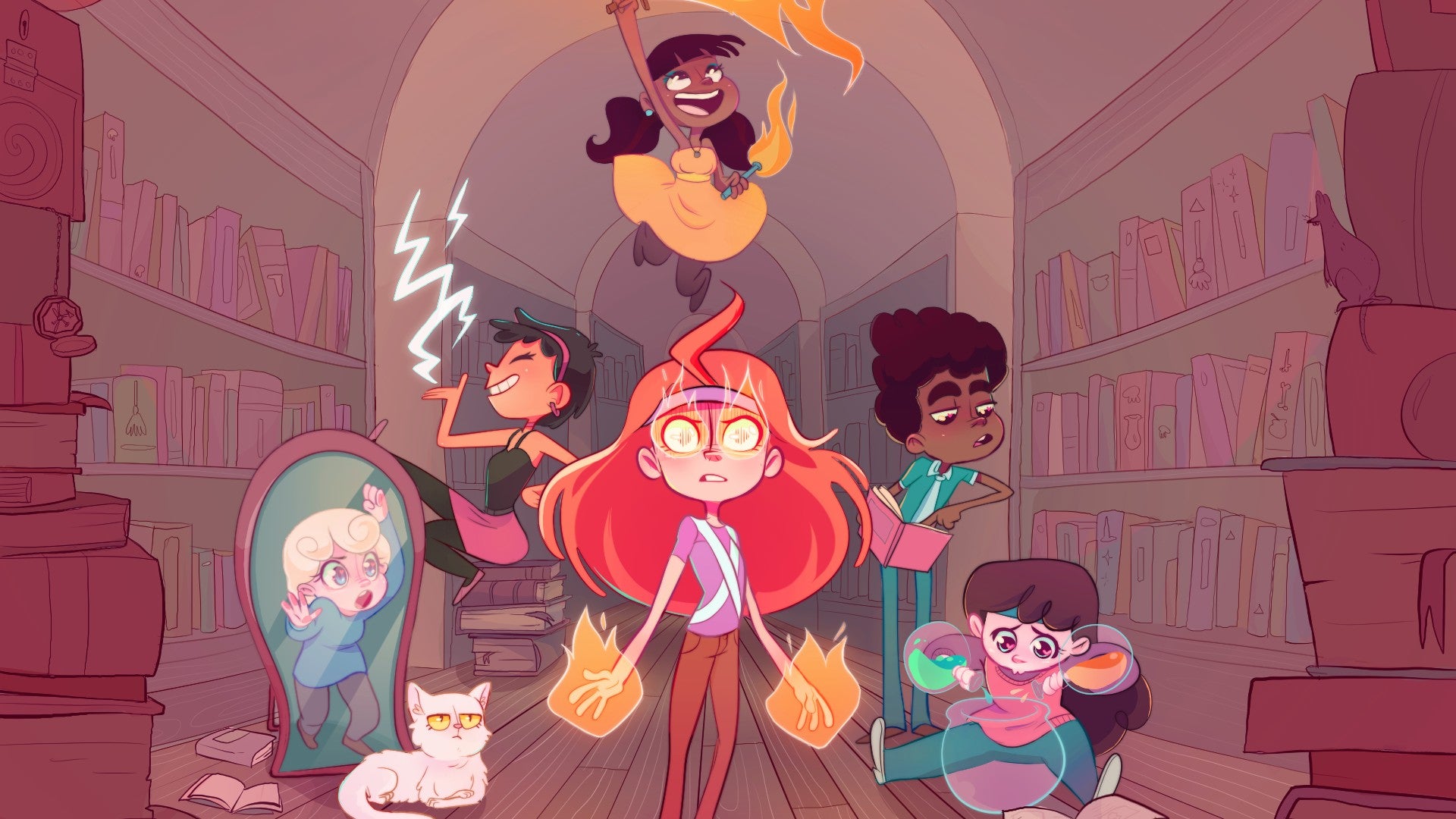 Art of Ikenfell's main characters using various spells and surrounded by books.