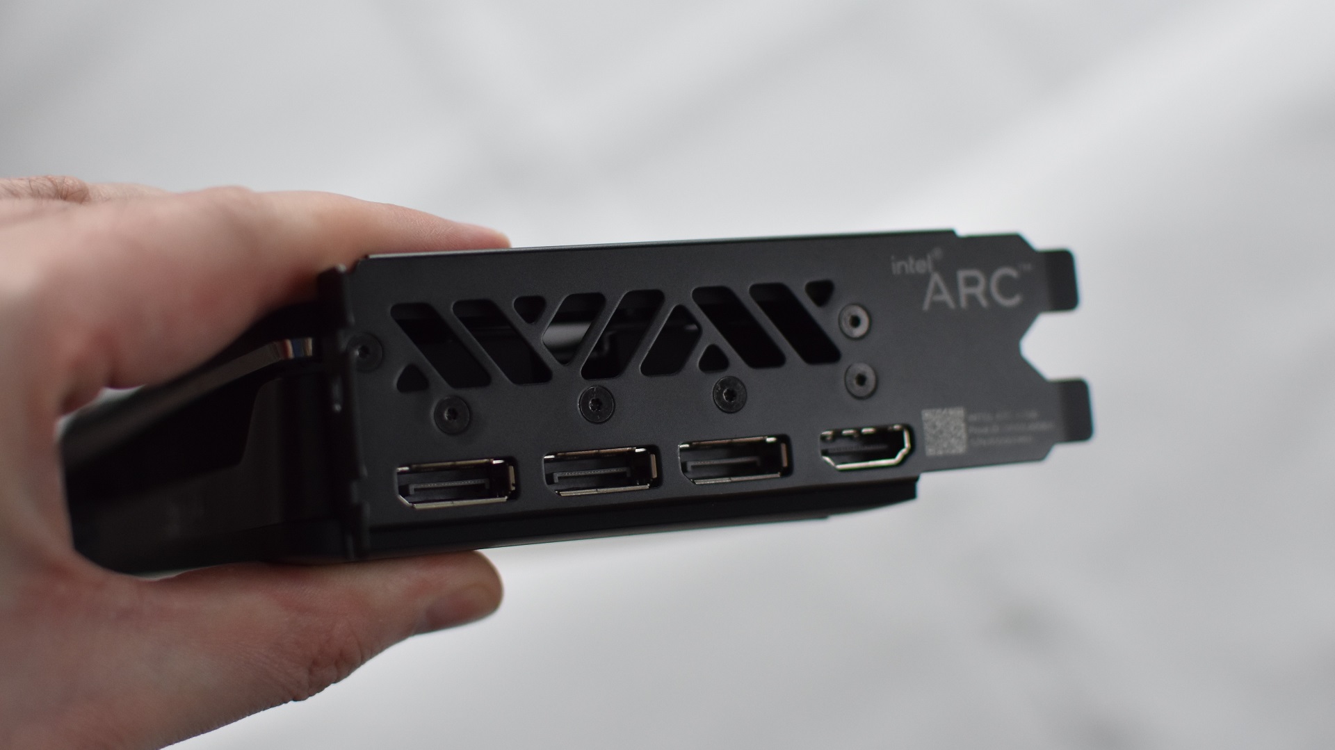 The rear display outputs of the Intel Arc A750 Limited Edition graphics card.