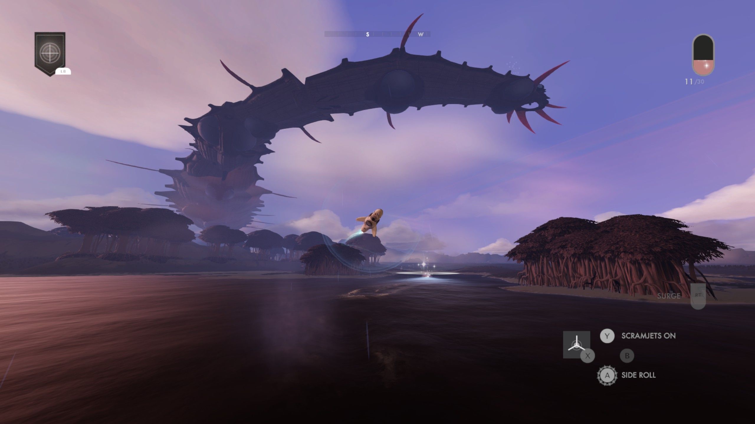 The ship in Jett Given Time skimming along the top of some water, while a huge segmented insect-like creature flies overhead