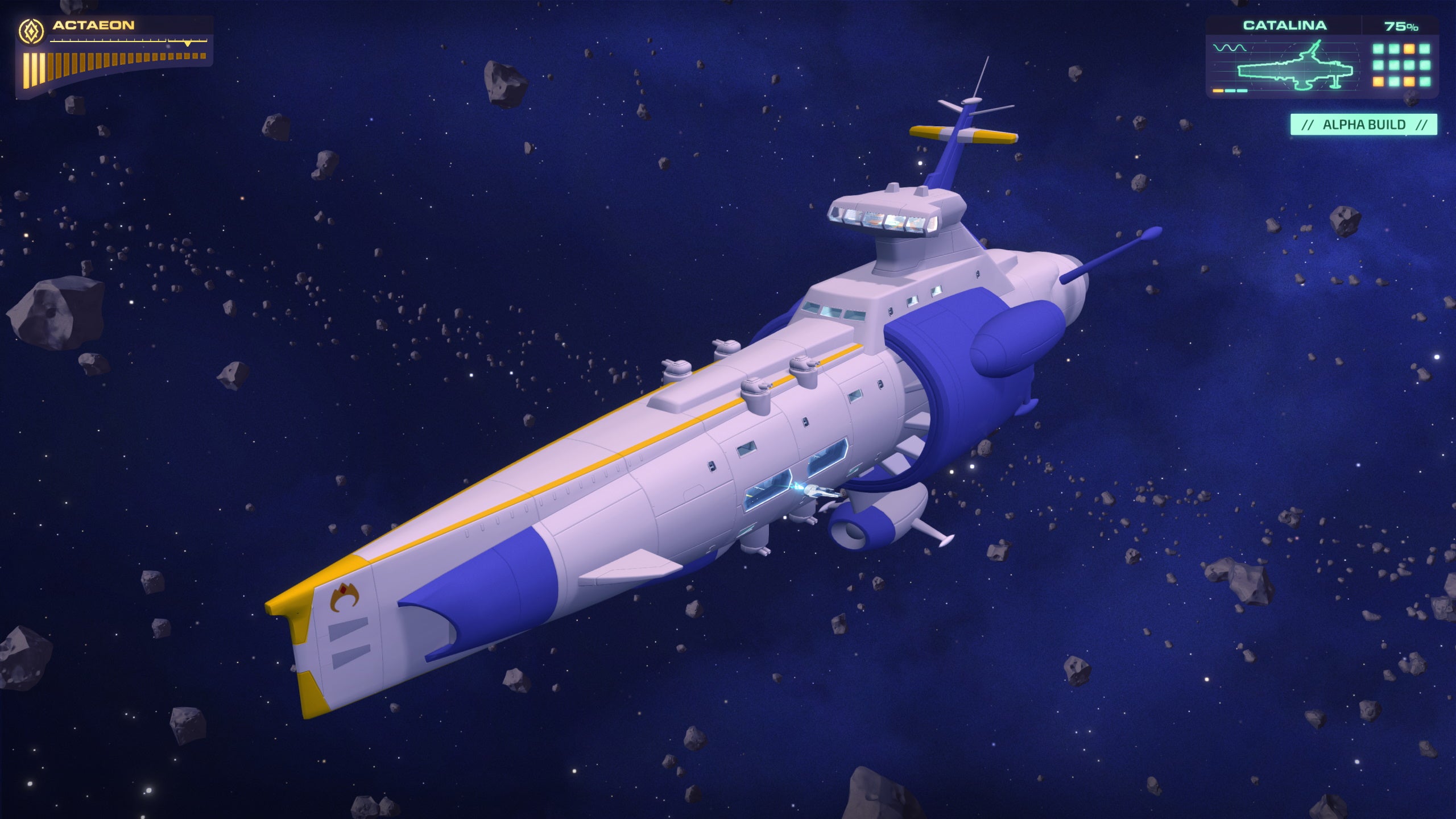 A spaceship flies through space in Jumplight Odyssey