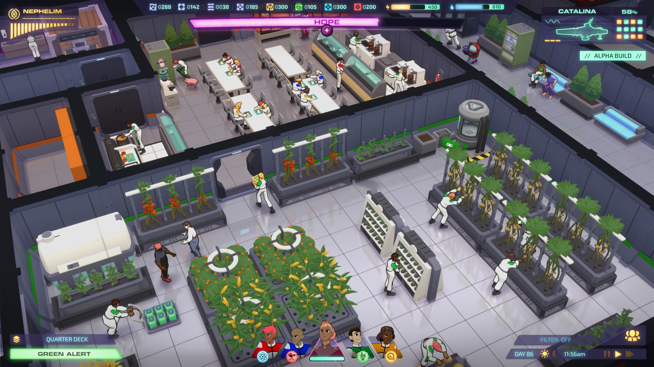 A busy greenhouse room on board a spaceship in Jumplight Odyssey