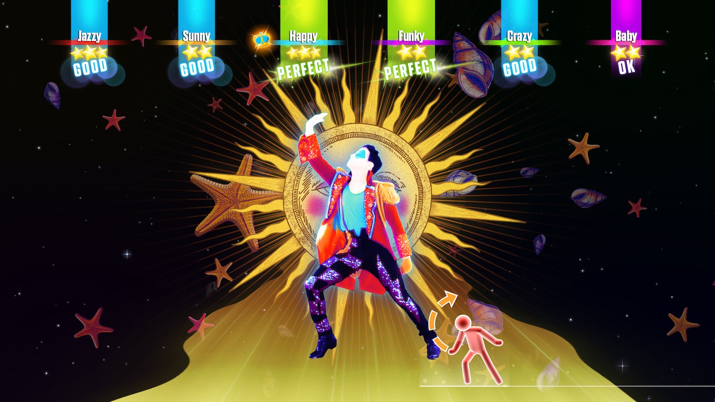 An avatar in a pink blazer strikes a pose in Just Dance 2017