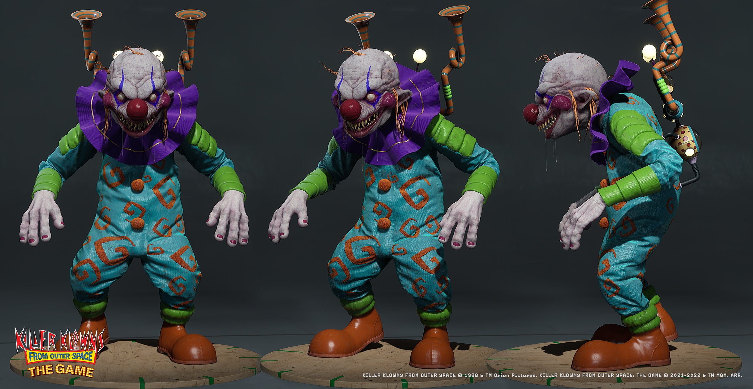 Concept art of a weird looking clown from Killer Klowns From Outer Space The Game