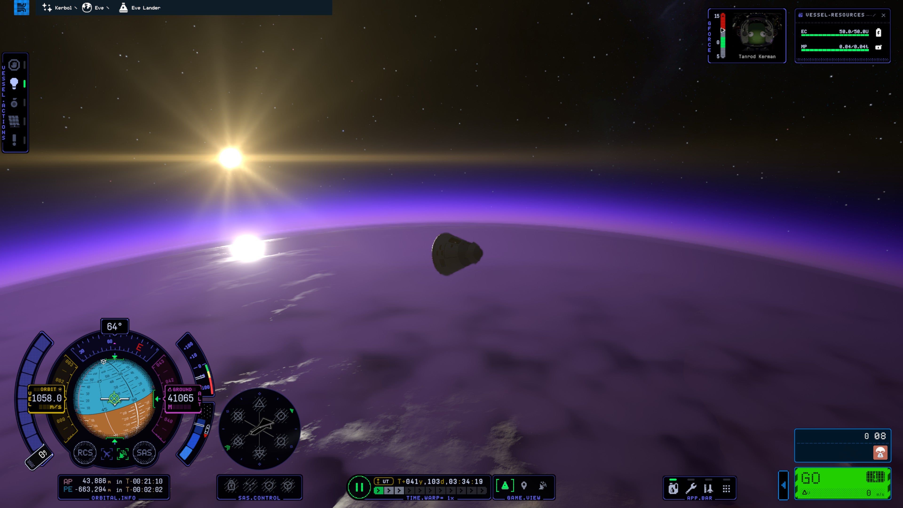 Screenshot of Kerbal Space Program 2 showing a small shuttle in space