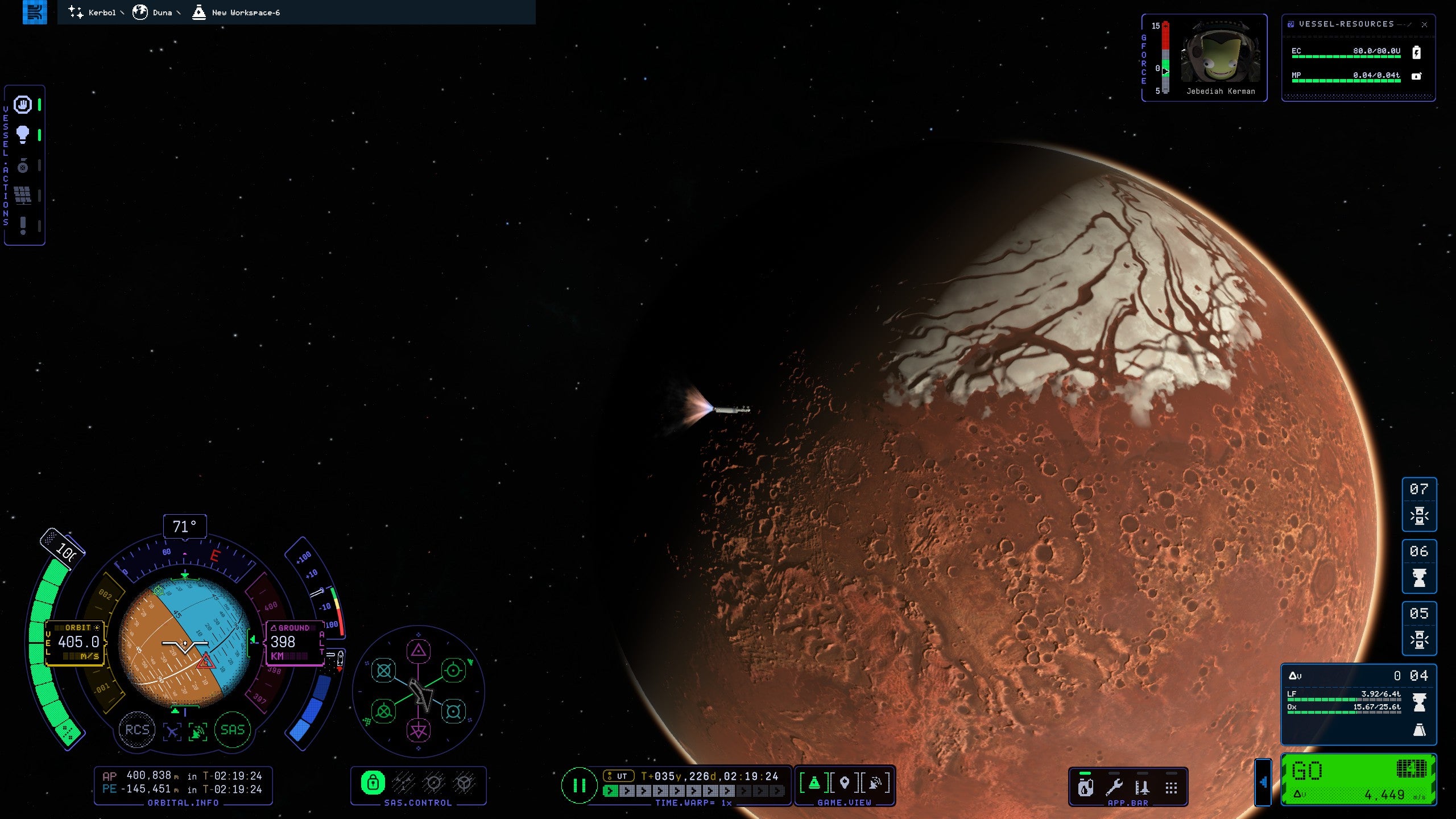 A Kerbal Space Program 2 screenshot of a tiny rocket in front of a huge red planet