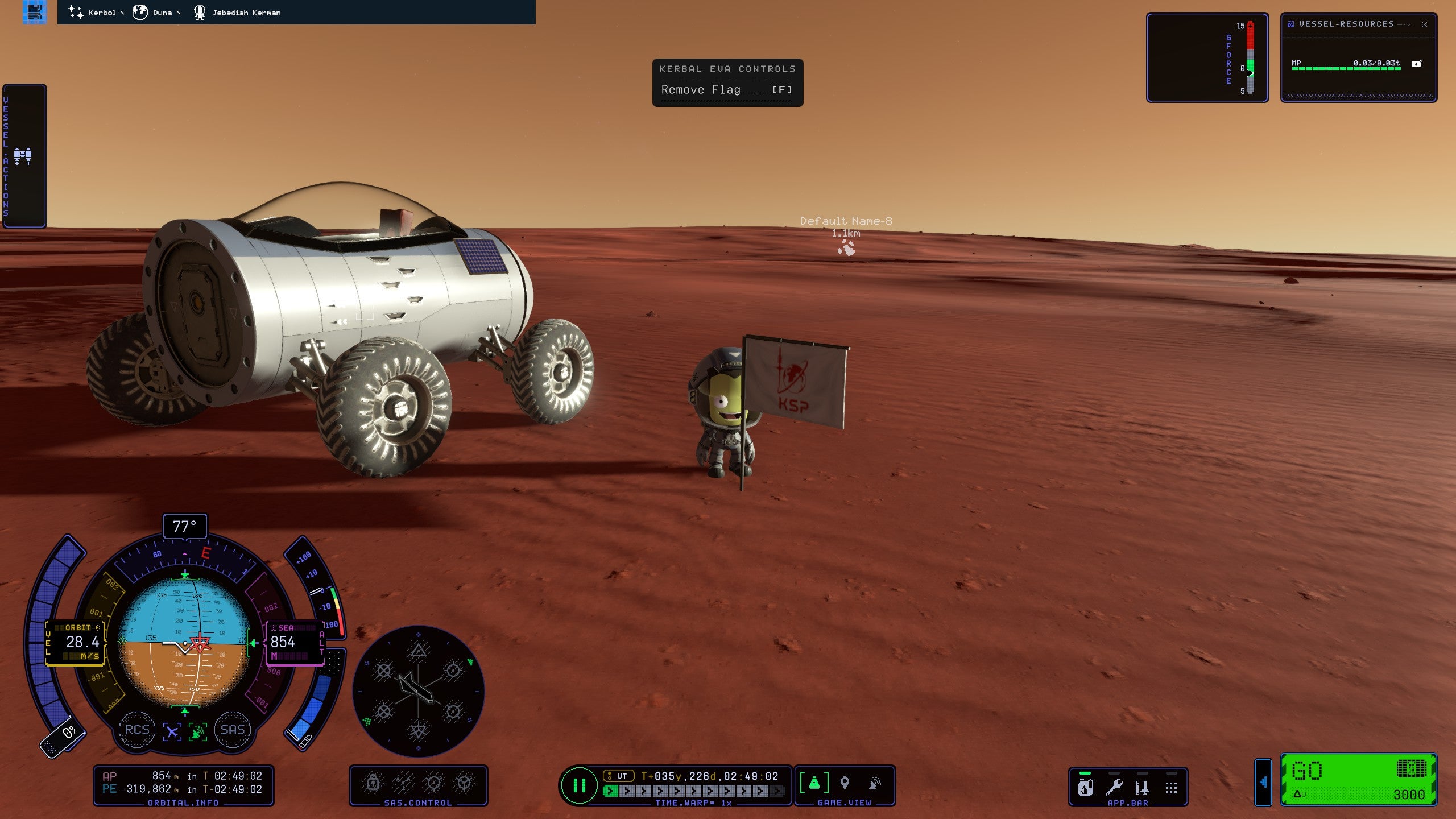 Kerbal from Kerbal Space Program 2 stands on a red sand planet next to a planted KSP flag