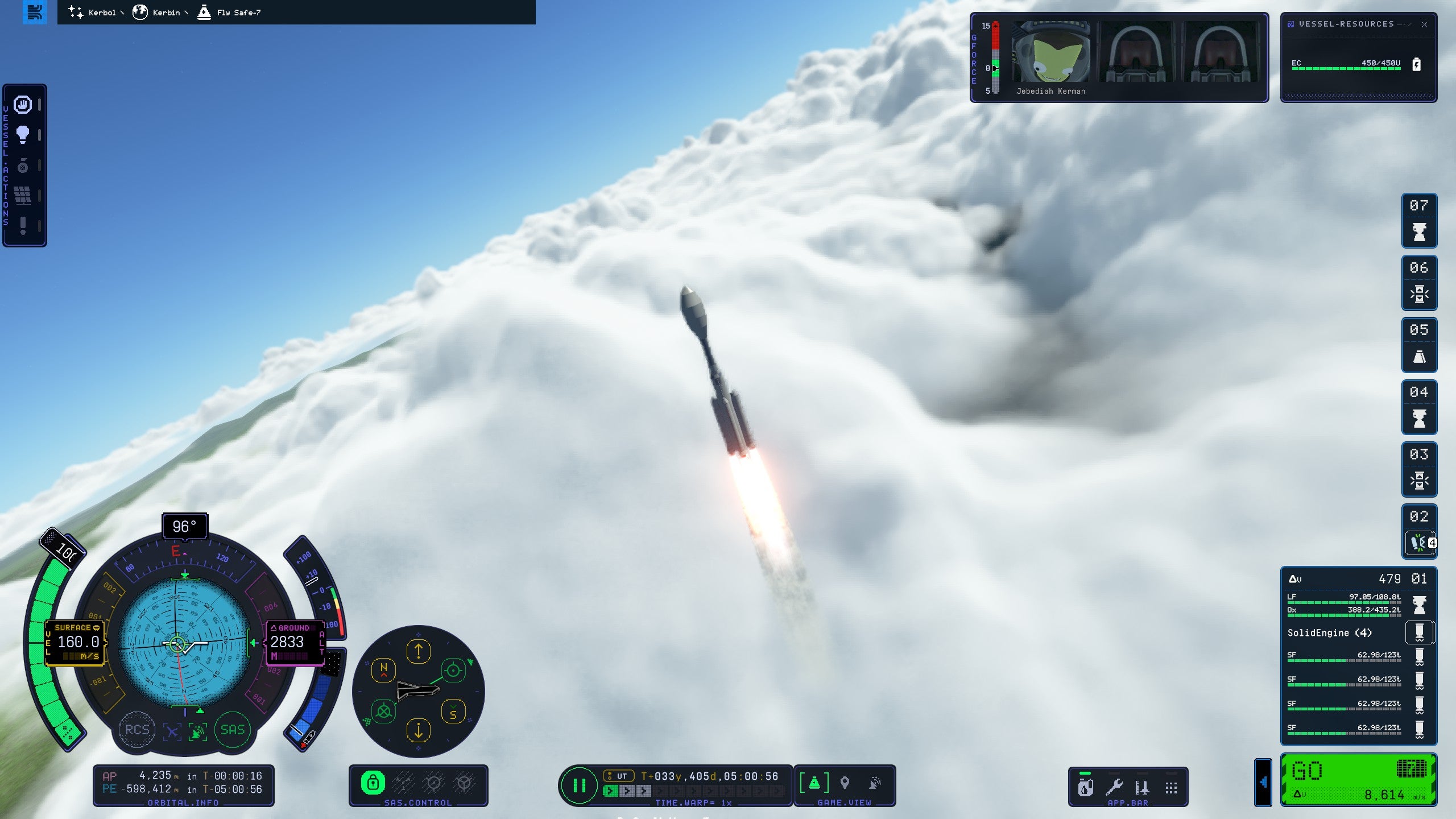 A rocket speeds through the clouds in a Kerbal Space Program 2 screenshot