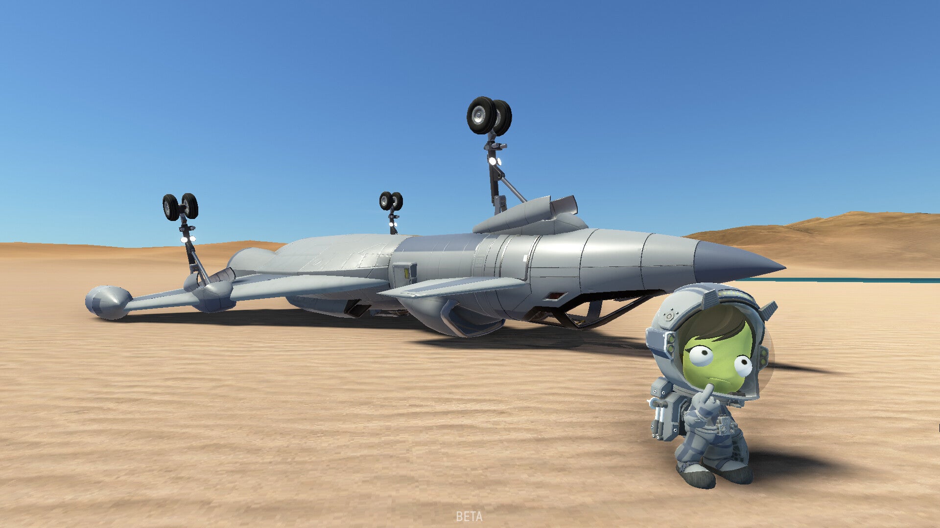 A single kerbal stands on a desert planet next to a crashed ship in Kerbal Space Program 2