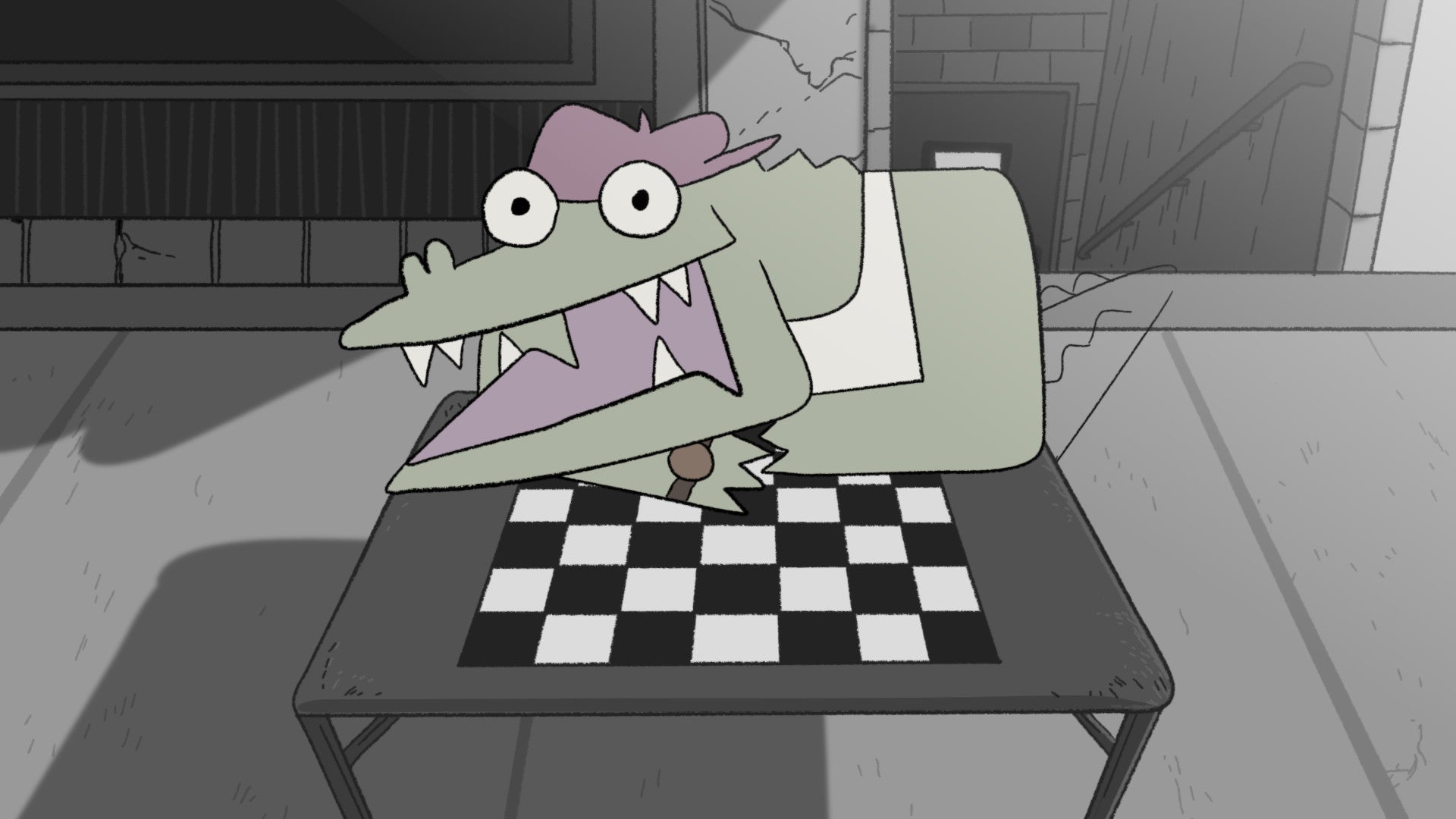A Later Alligator screenshot of a cartoon alligator with a big goofy grin sitting at a checkers board