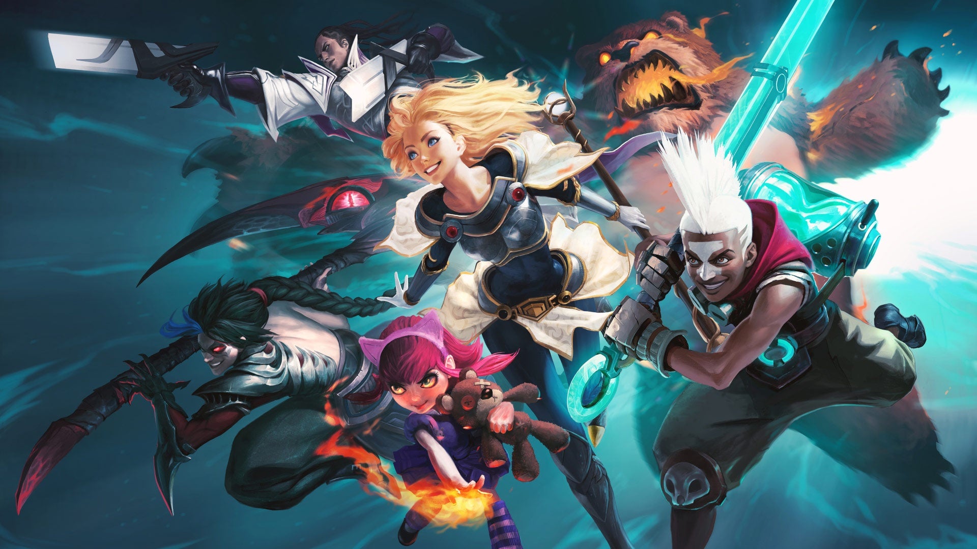 Key art from League Of Legends showing characters surging forwards, bearing weapons