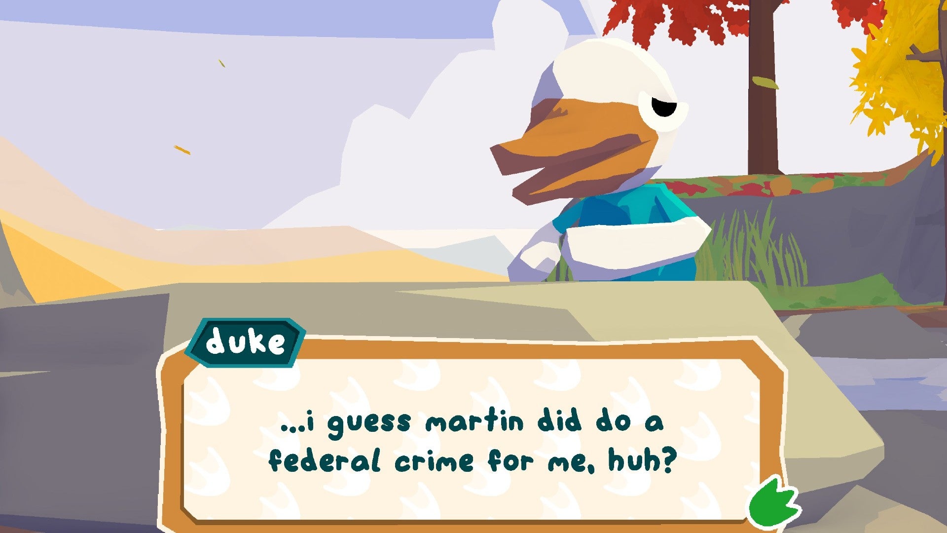 Lil Gator Game screenshot, in which Duke talks about Martin doing a federal crime on trial.