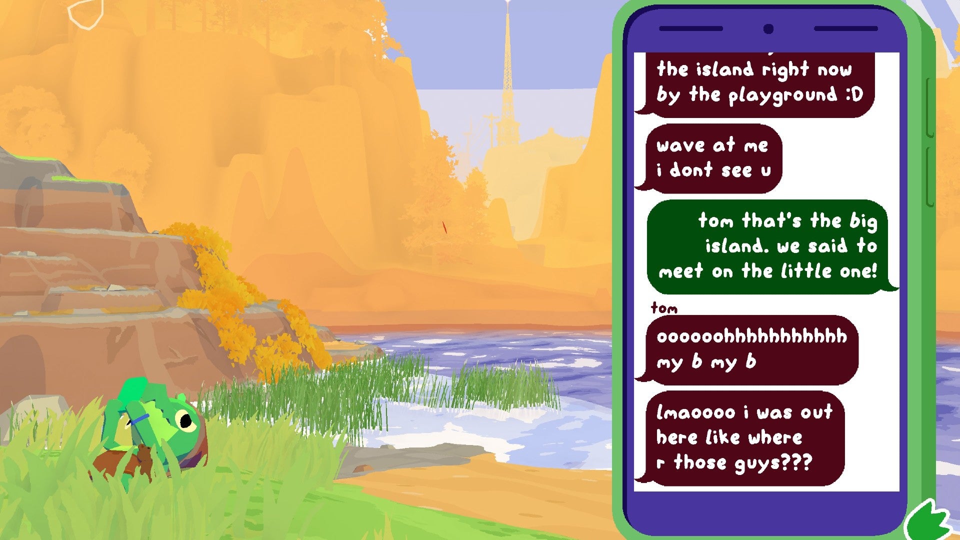 Lil Gator Game screenshot showing the hero texting their pal.