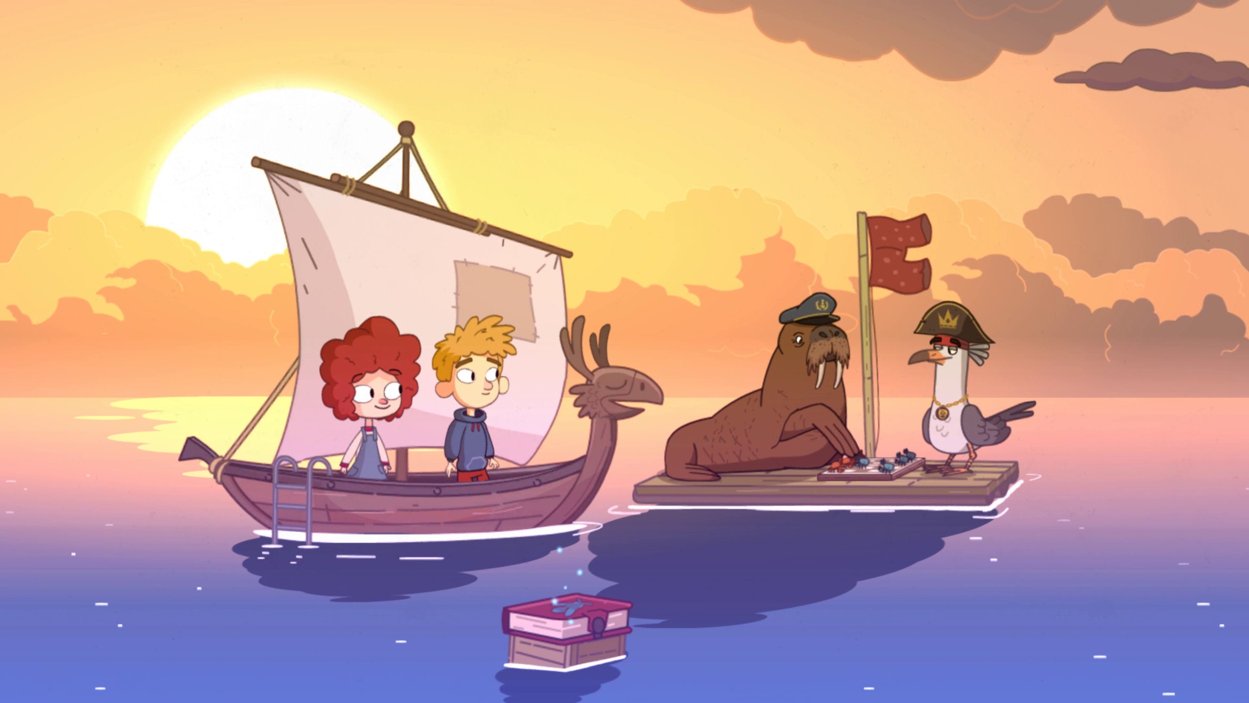 A boy and girl stand in a boat watching a seagull and walrus play a game in Lost In Play