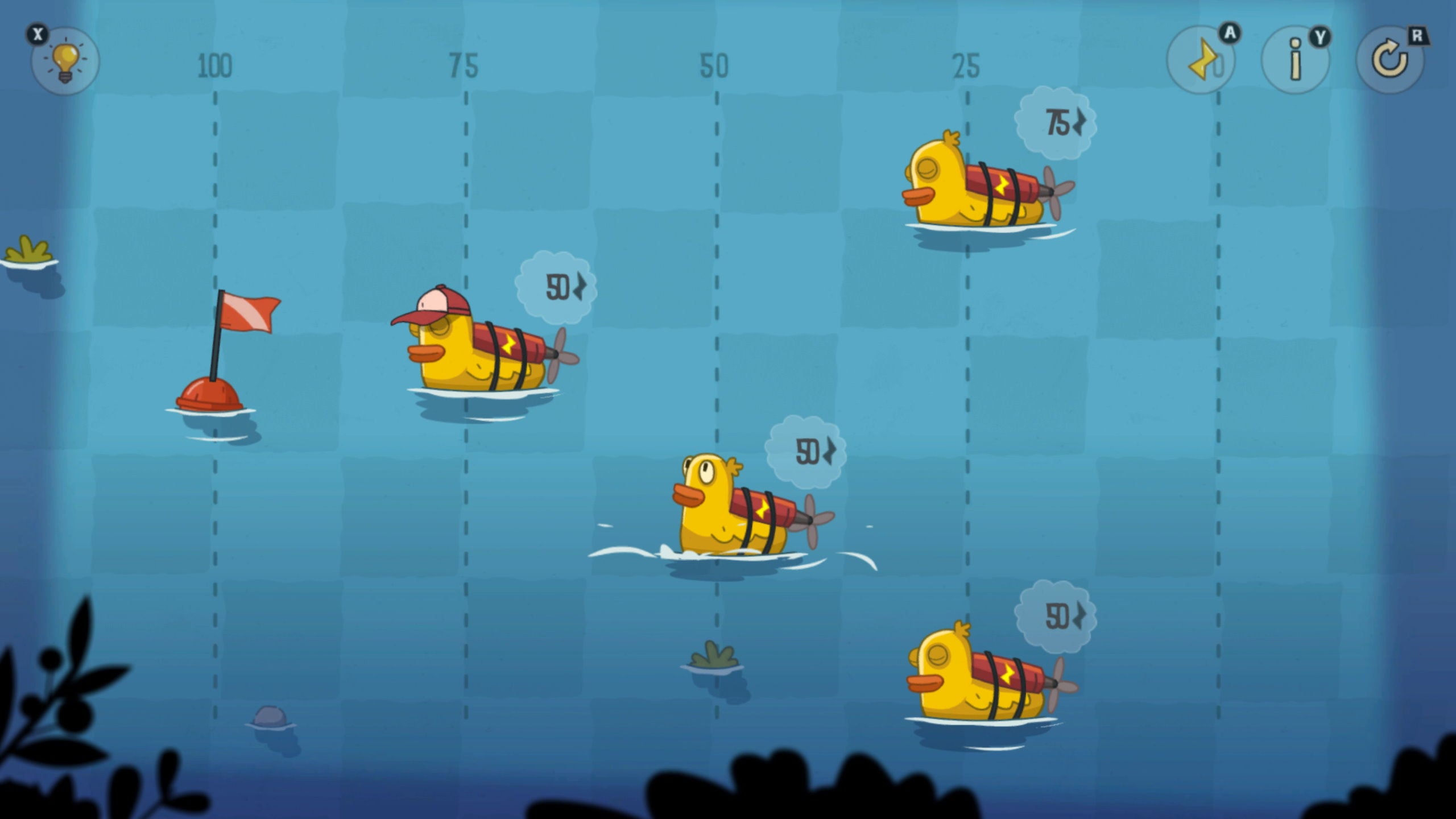 Four battery-powered ducks are trying to reach a flag in Lost In Play