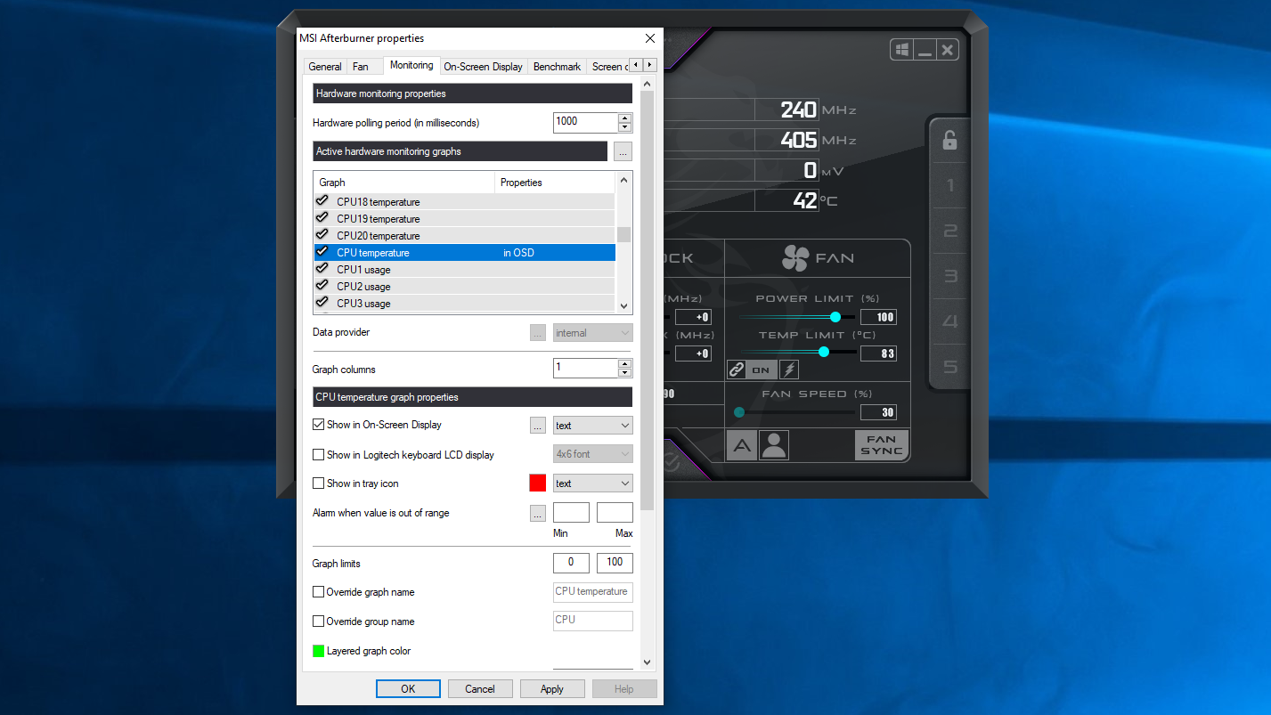 A screenshot of MSI Afterburner, showing how to set its CPU temperature monitor to appear in its on-screen overlay.