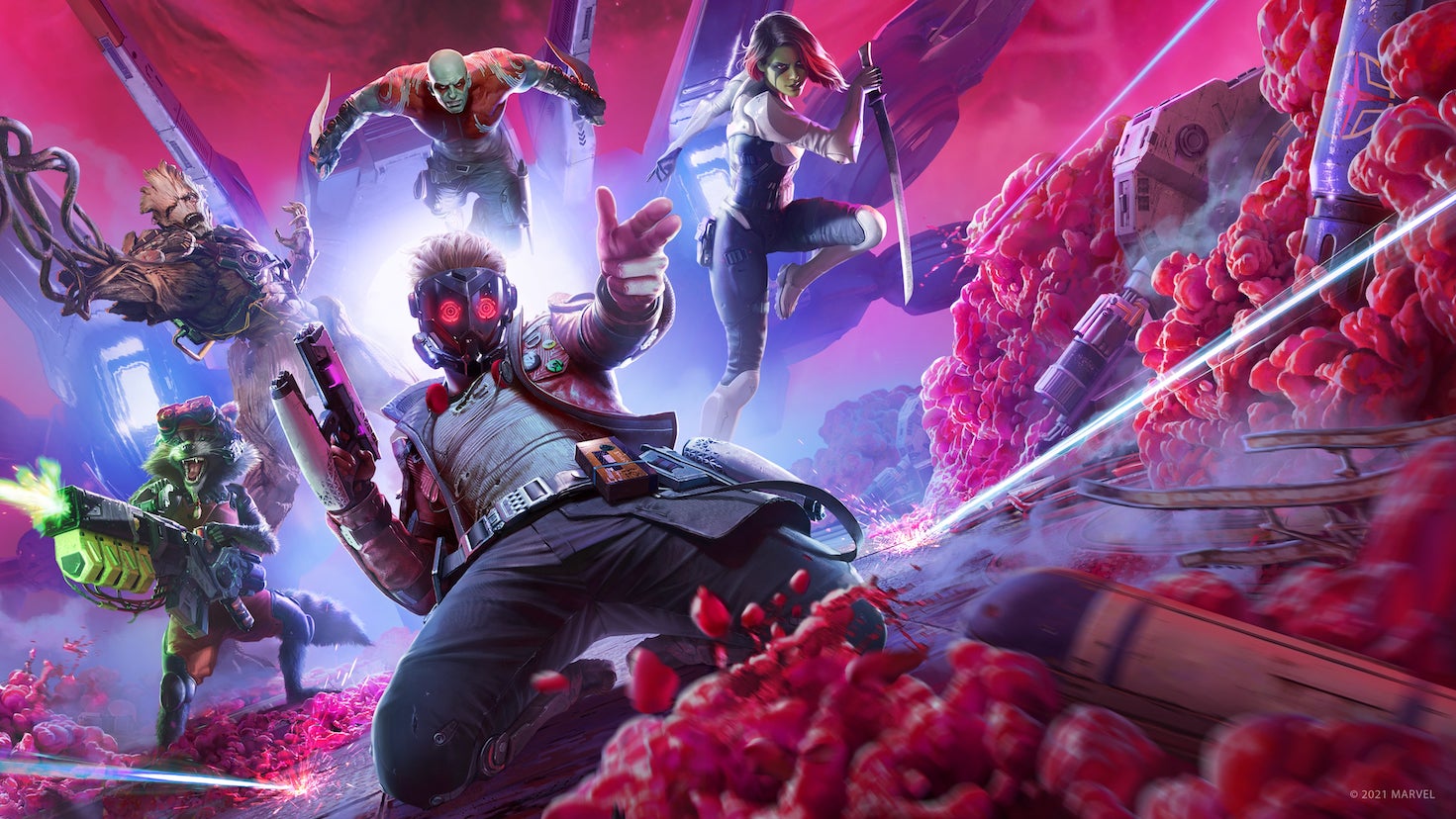 Star Lord, Gamora, Groot, Drax and Rocket Racoon pose for battle in artwork for Marvel's Guardians Of The Galaxy
