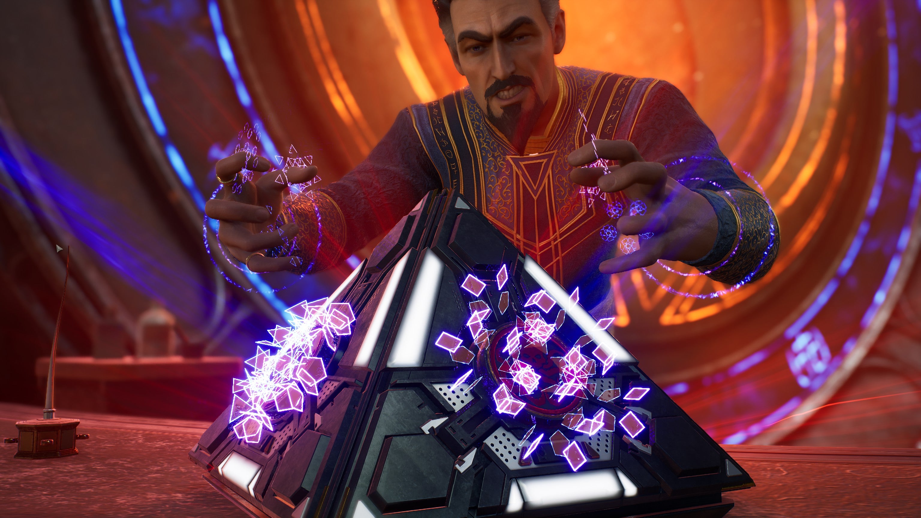 Doctor Strange grits his teeth as he opens a research cache in Marvel's Midnight Suns