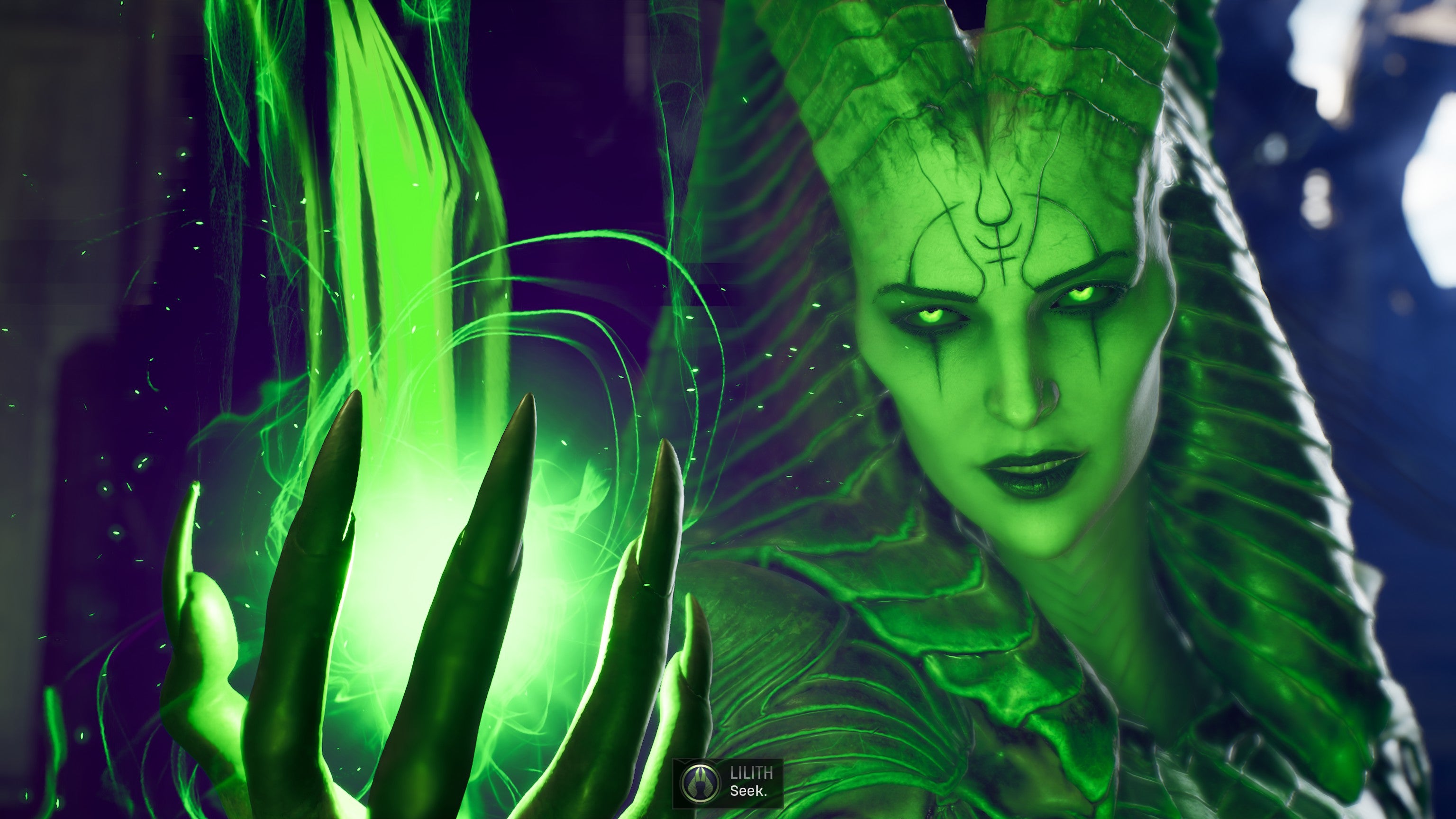 Nữ hoàng quỷ Lilith cầm trên tay quả cầu năng lượng xanh lục trong Midnight Suns của Marvel