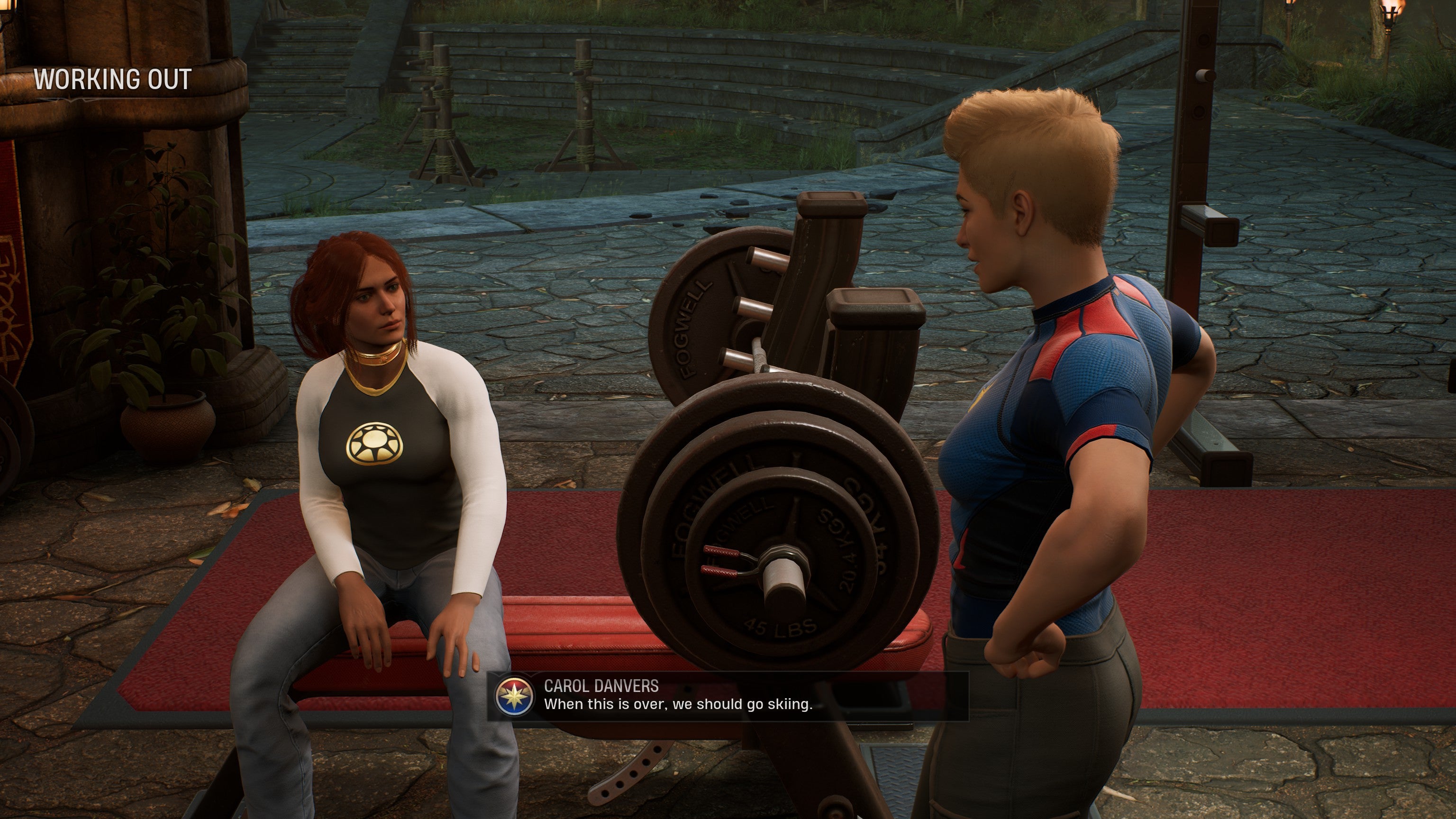 The Hunter works out with Captain Marvel in Marvel's Midnight Suns