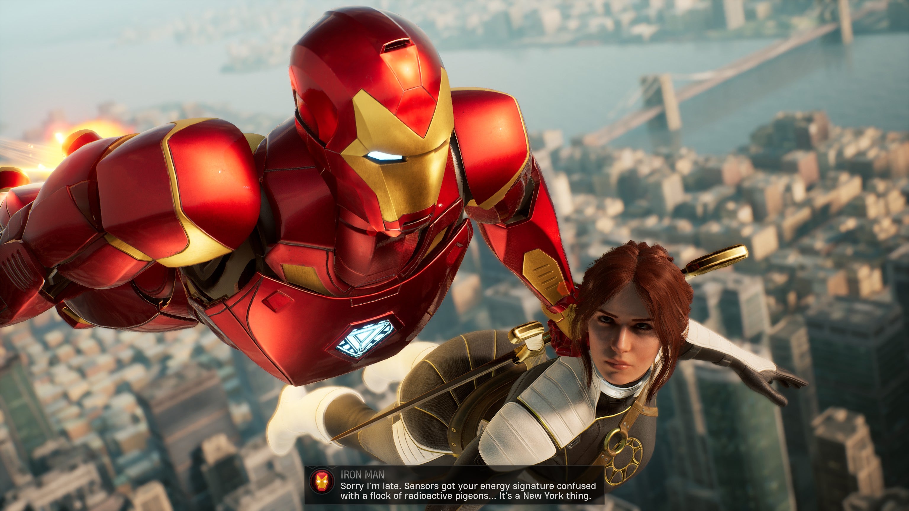 Iron Man carries Hunter across the skies of New York in Marvel's Midnight Suns