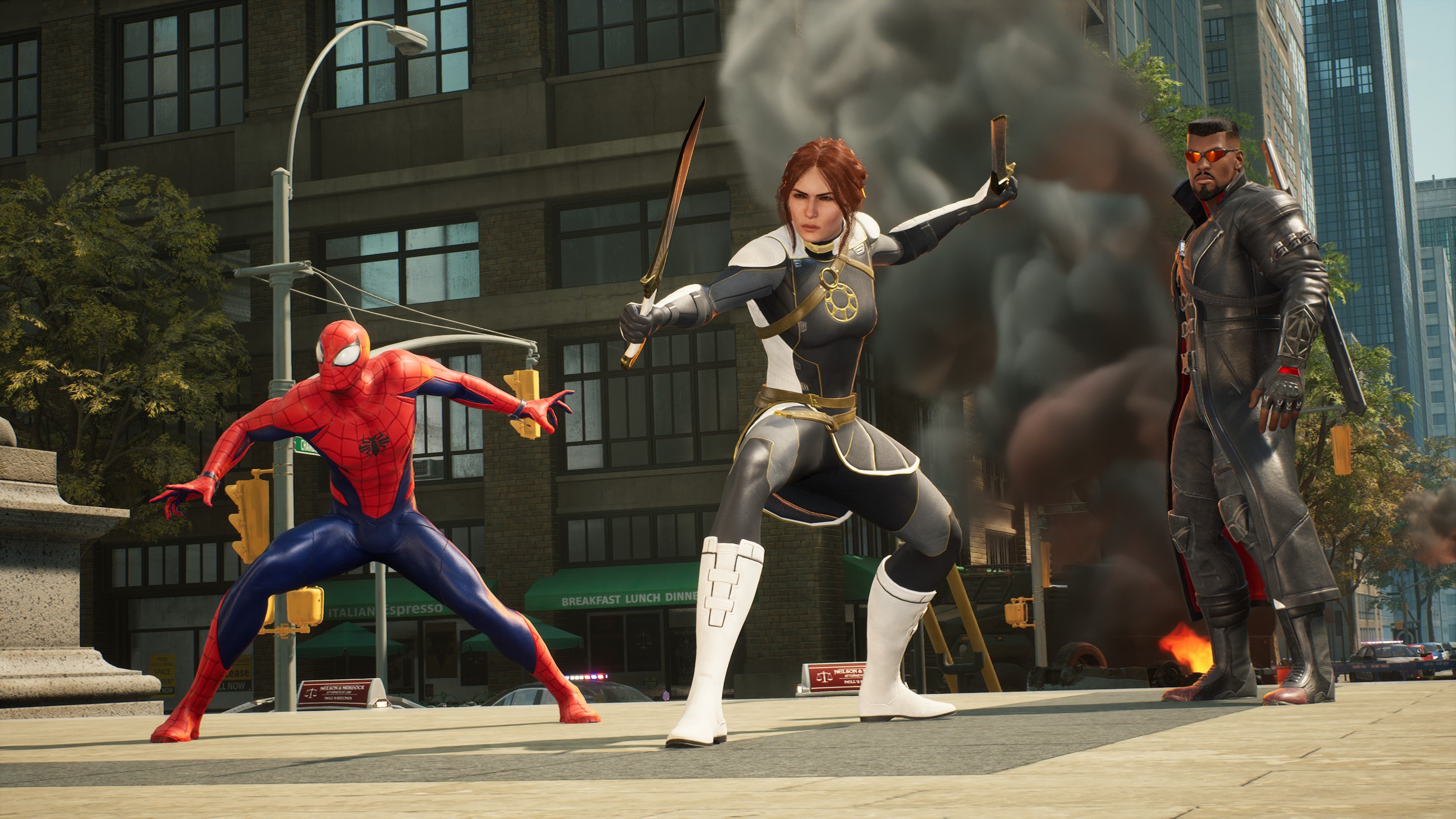 Spider-Man, The Hunter and Blade pose in New York in Marvel's Midnight Suns