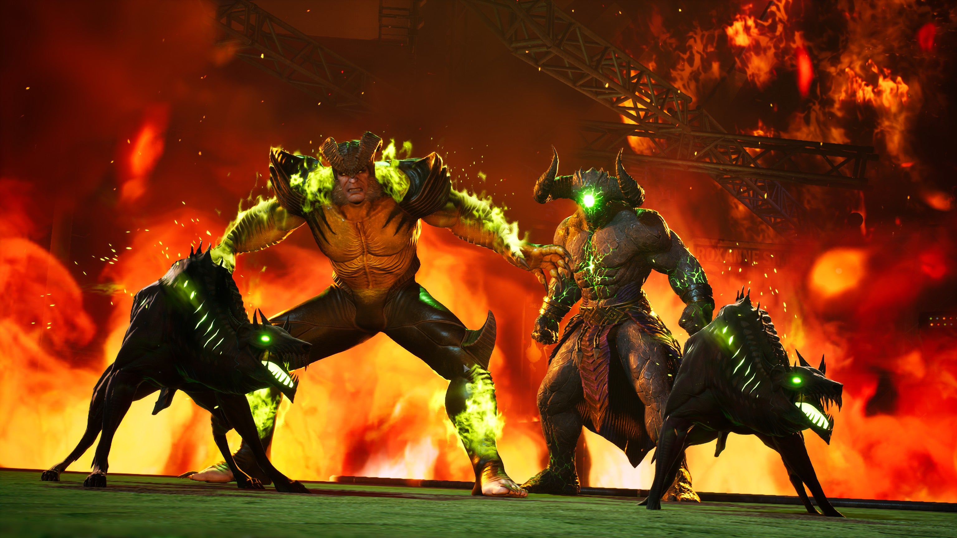Fallen Sabretooth tạo dáng với những con quỷ khác xuất hiện trước khu hội chợ rực lửa trong Midnight Suns của Marvel