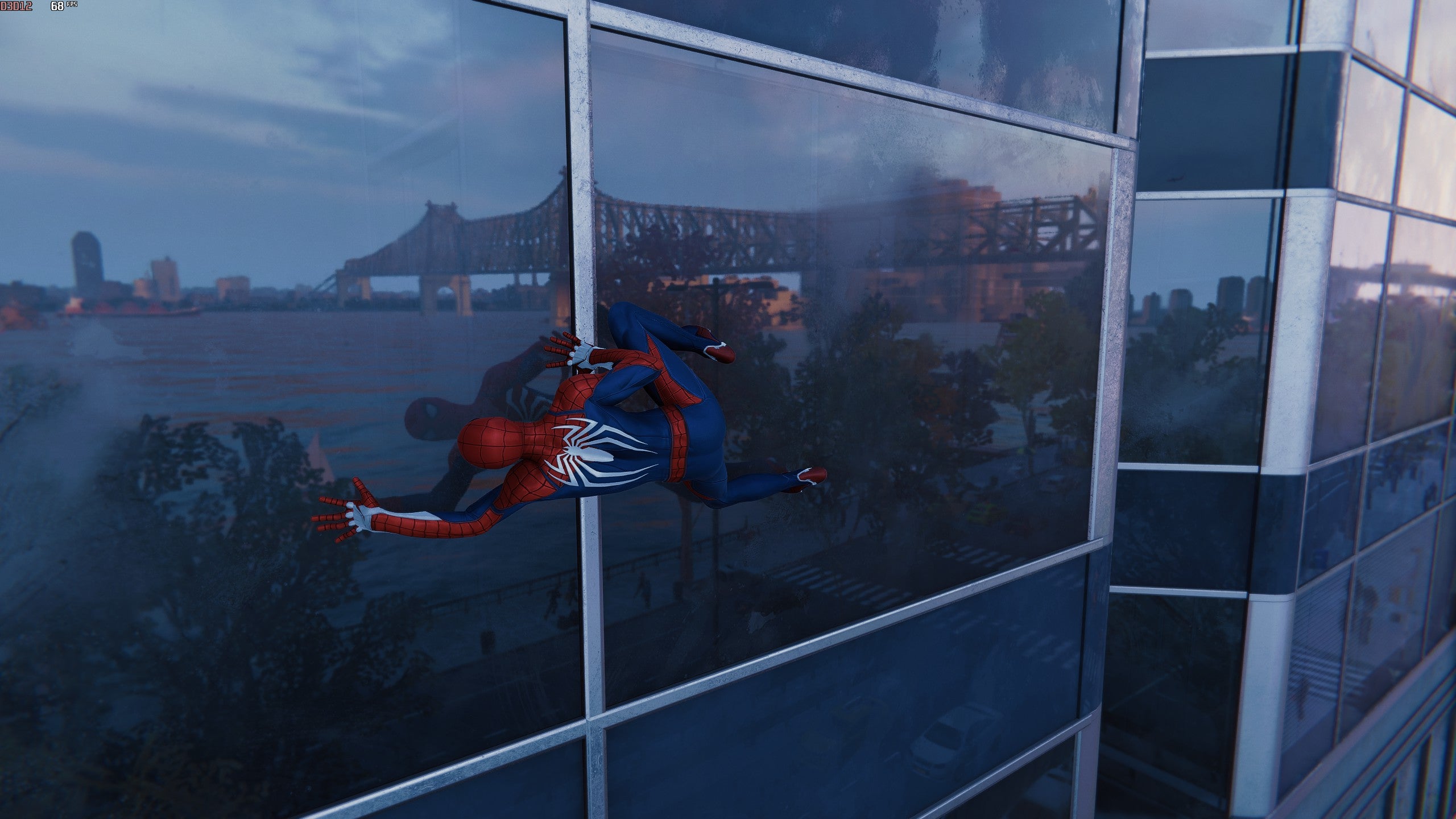 Spider-Man is reflected in a window, with the aid of ray traced reflections in Marvel's Spider-Man Remastered.