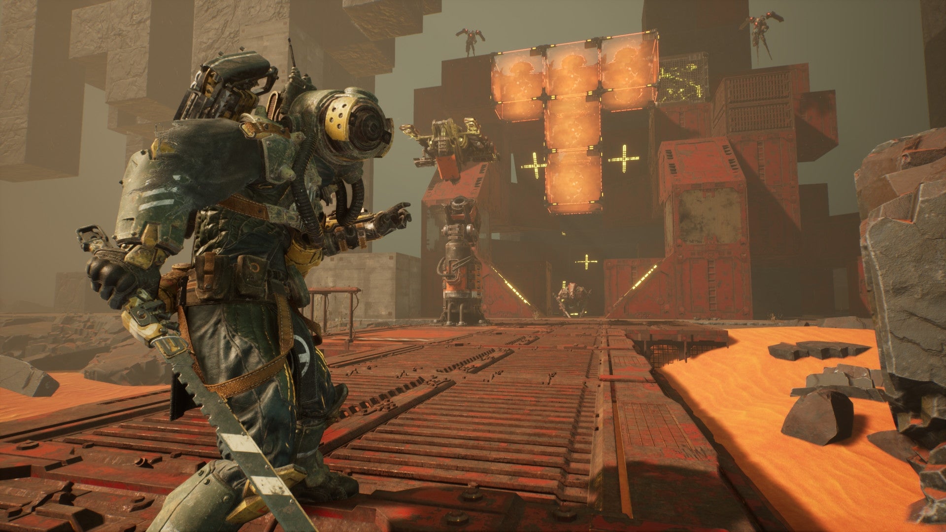 A screenshot from post-apocalyptic looter-shooter Meet Your Maker showing a robotic character outside one of the game's fortresses
