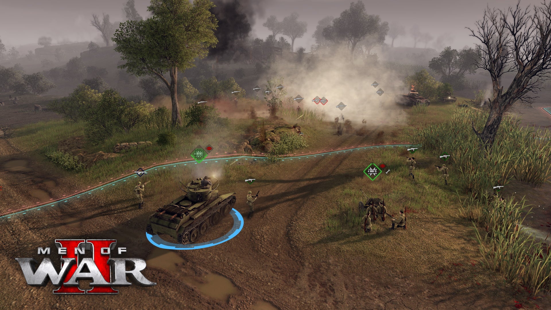 Tanks and infantry move on a muddy road as the dust clears in front of them in Men Of War 2