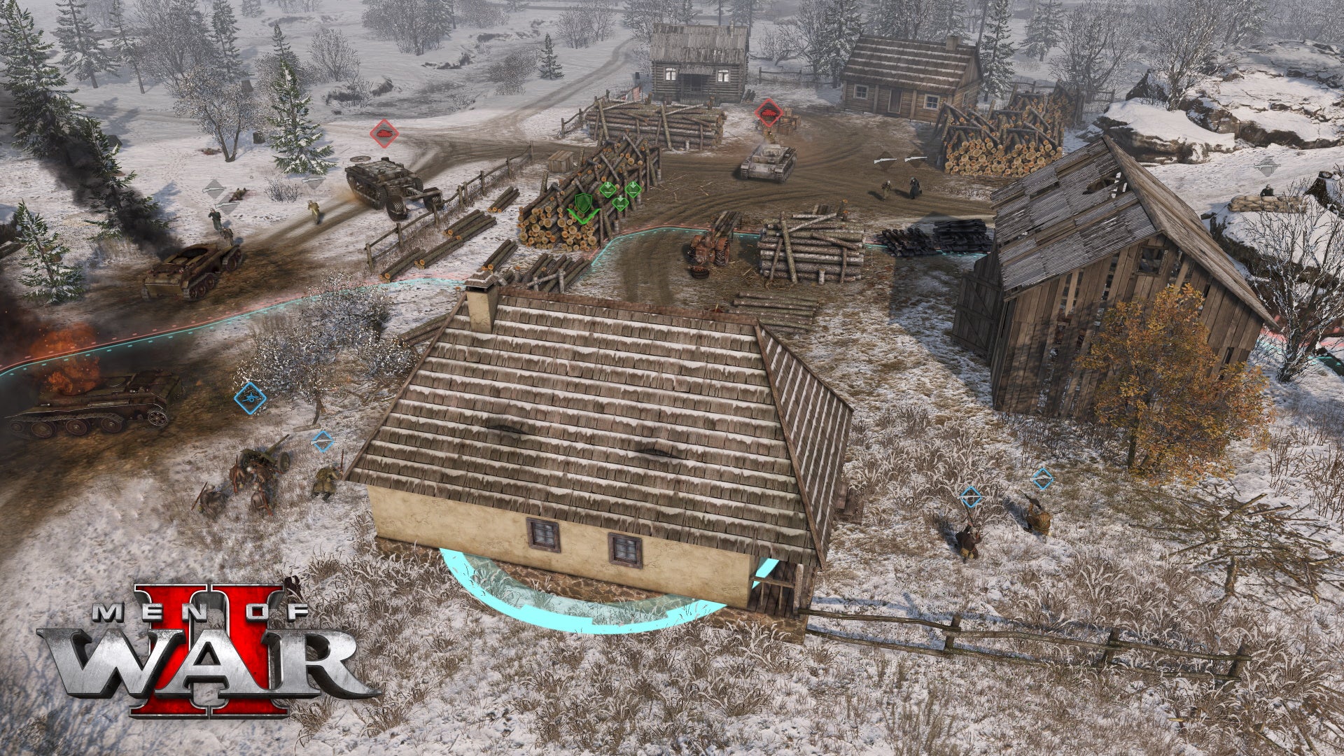 Soldiers and tanks fight near an abandoned house in the snow in Men of War 2