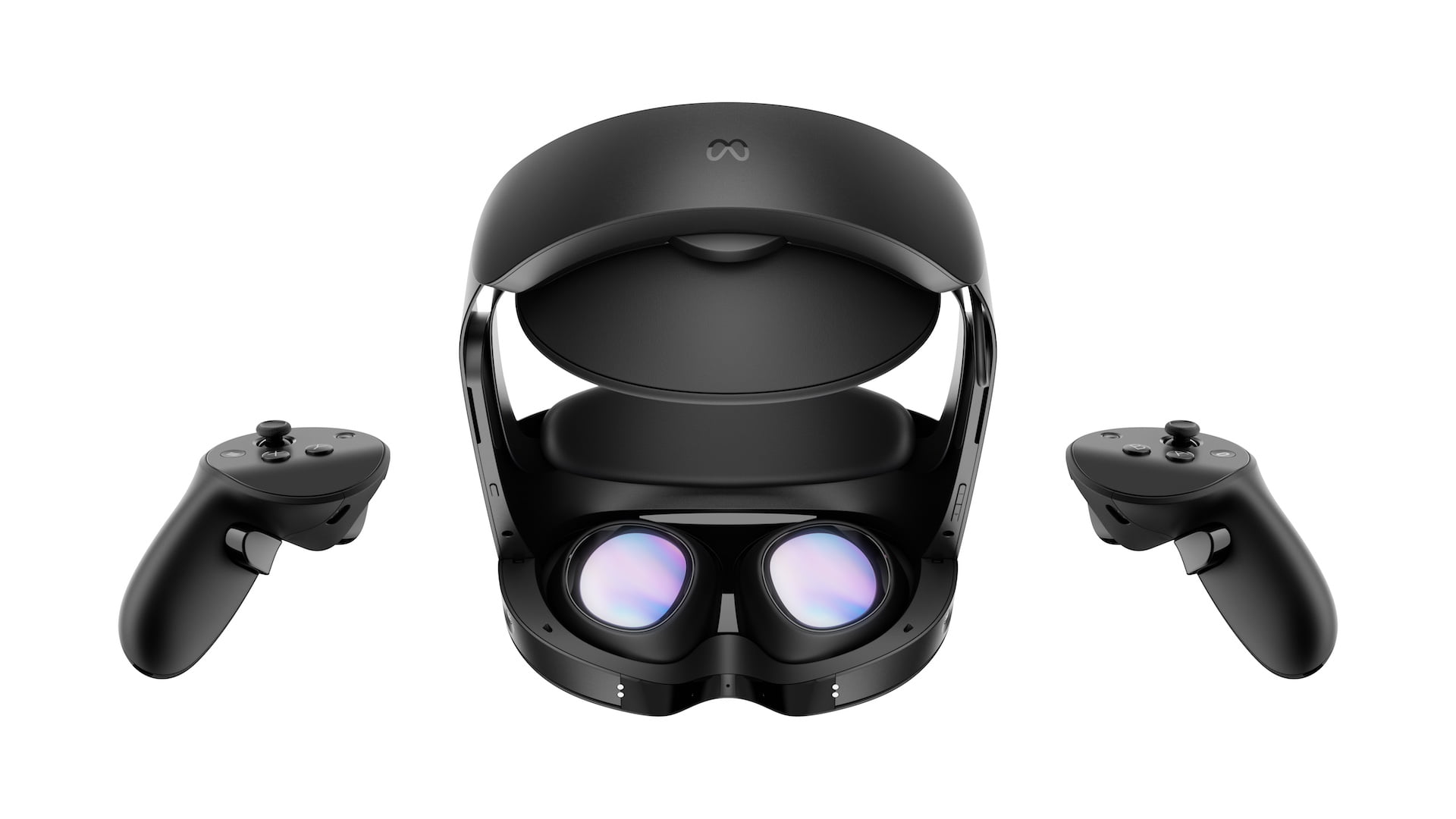 The Meta Quest Pro VR headset and controllers, seen from the back