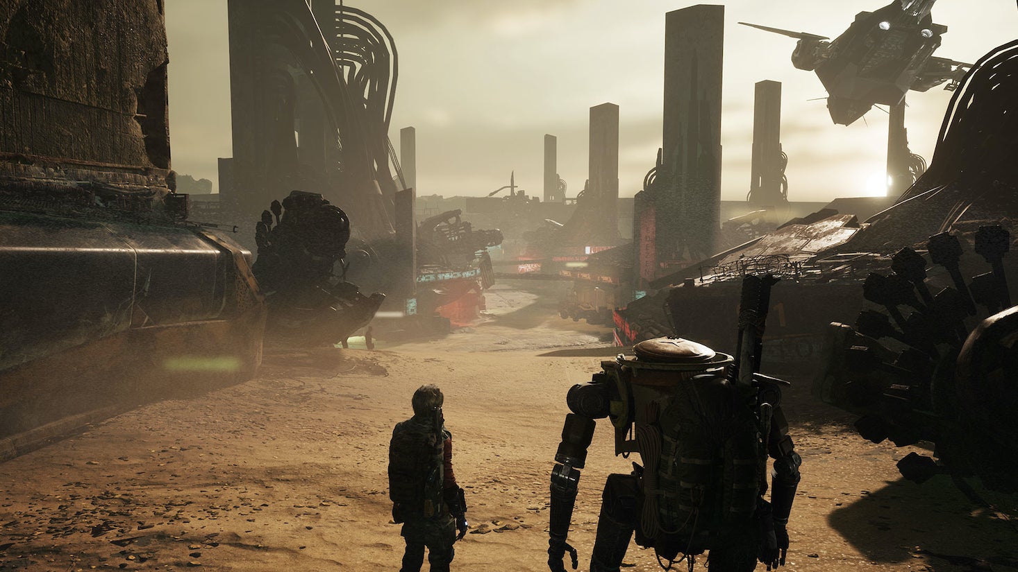 A man and a chunky robot stand together and look out over a sandy landscape in Miasma Chronicles