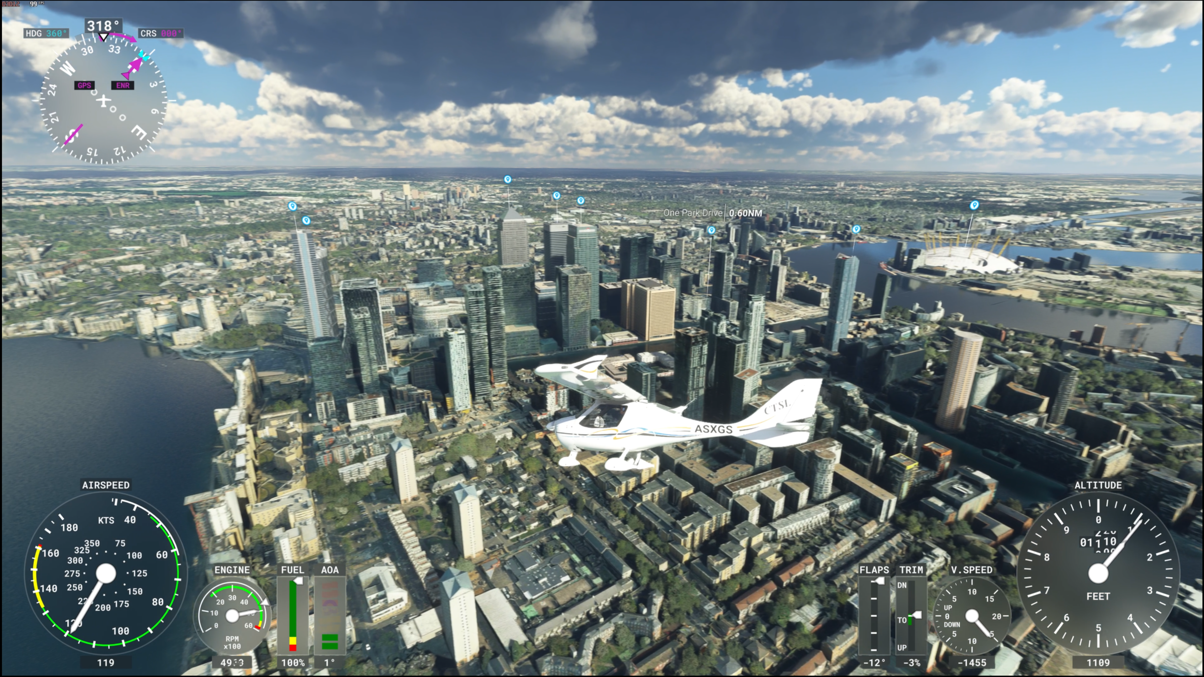 A traditionally rendered DLSS 3 frame in Microsoft Flight Simulator, showing a small plane flying over London.