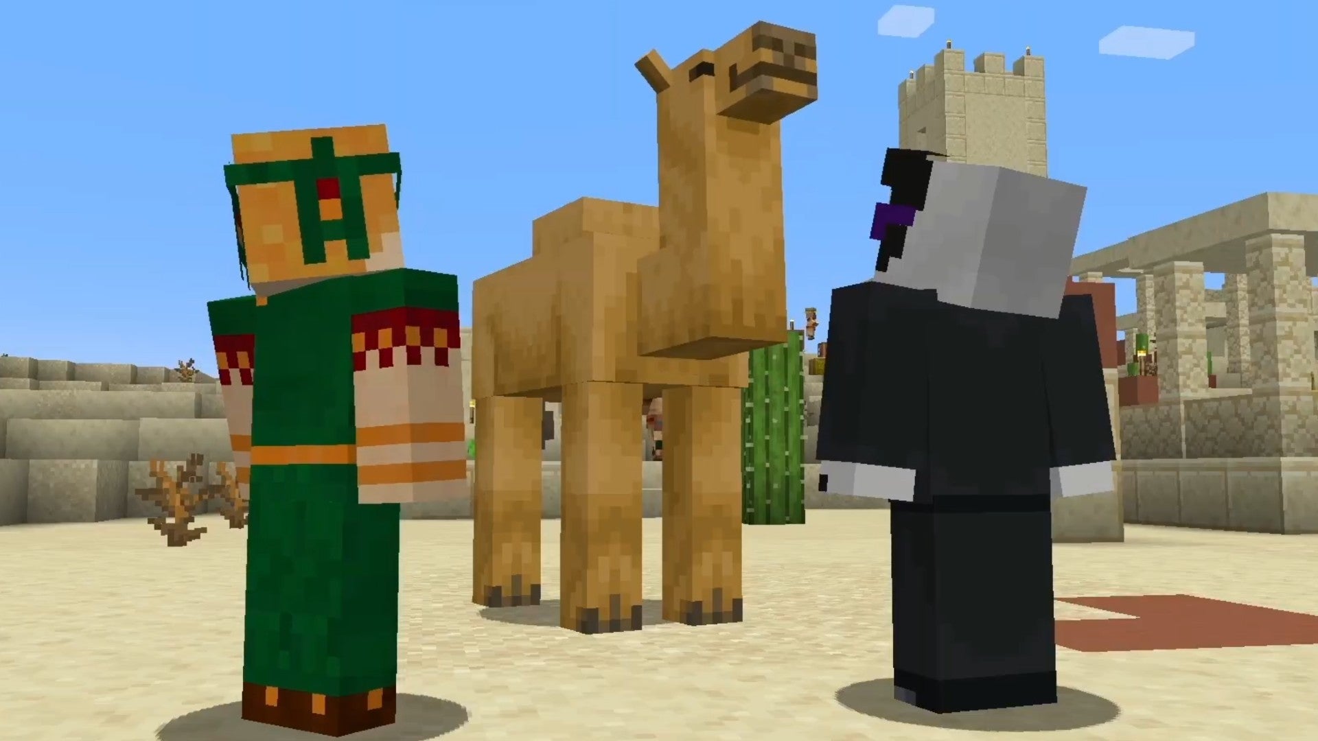 Two players staring at a camel in a desert village in Minecraft