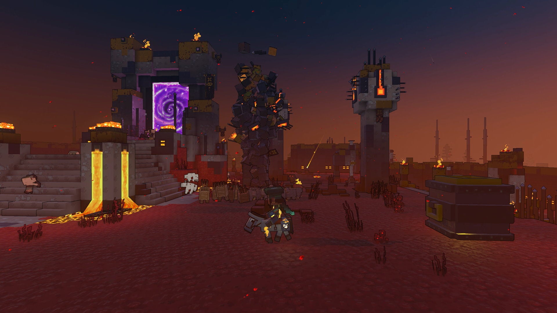 A warrior on horseback rides through a twilight battleground in Minecraft Legends