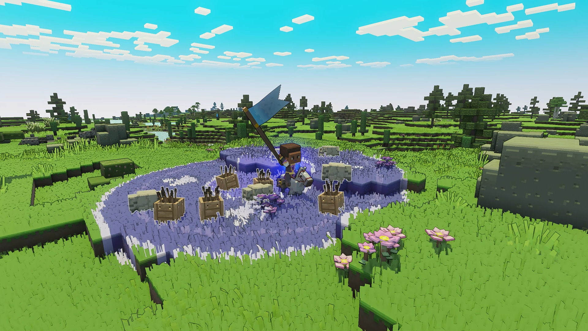 A warrior raises a flag surrounded by boxes of arrows in a grassy field in Minecraft Legends