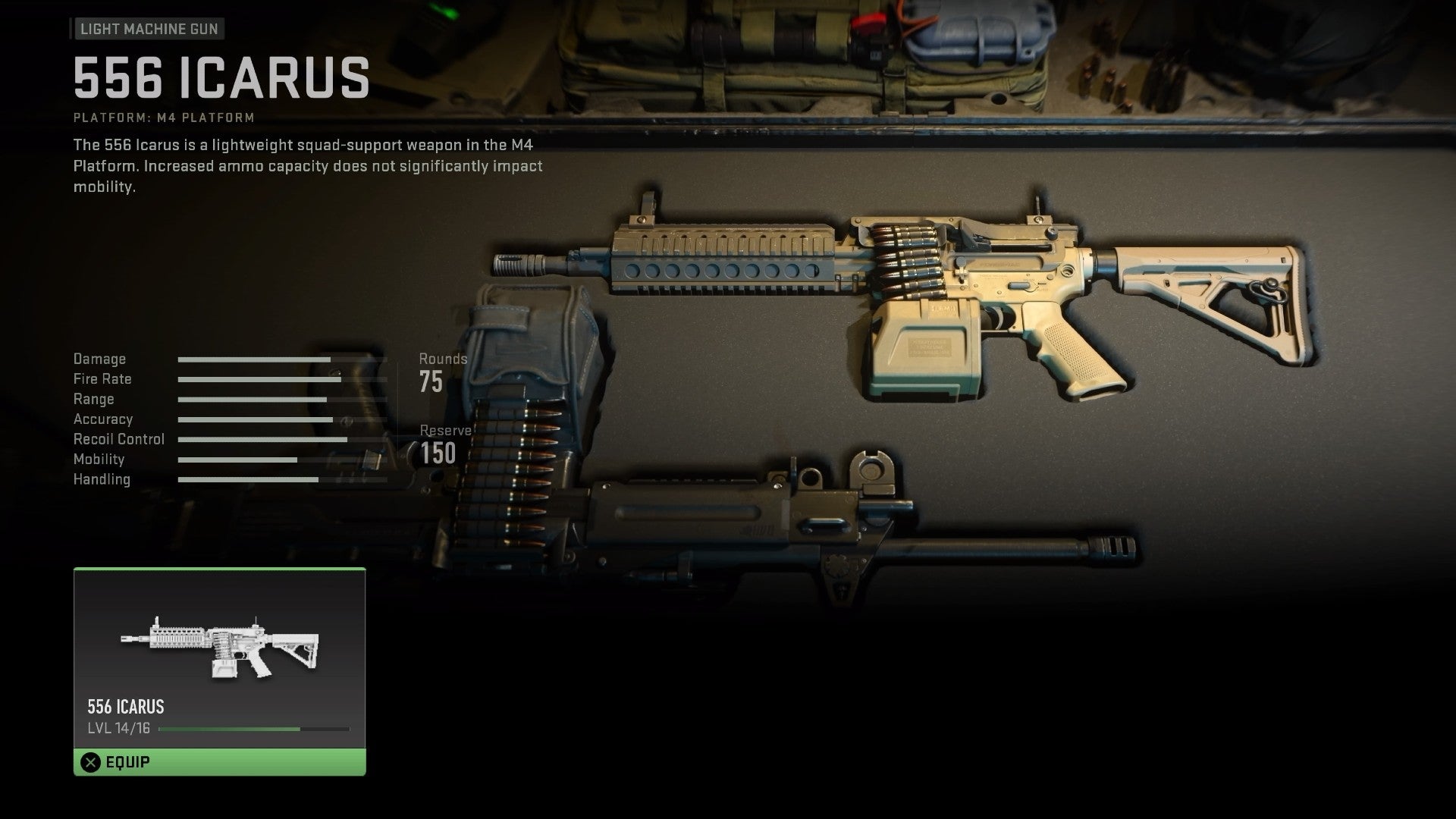 Modern Warfare 2 beta screenshot showing the 556 Icarus in a weapon container, with the stats on the left.