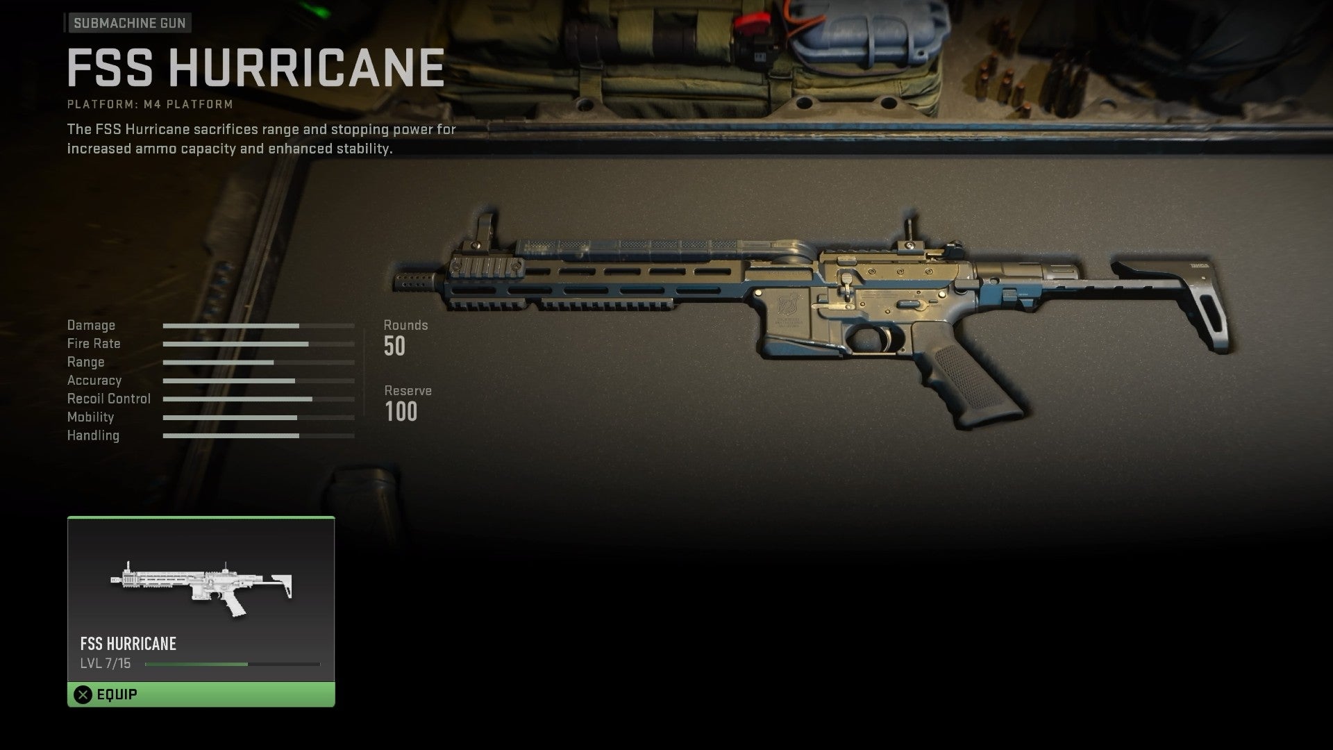 Modern Warfare 2 beta screenshot showing the FSS Hurricane in a weapon container, with the stats on the left.