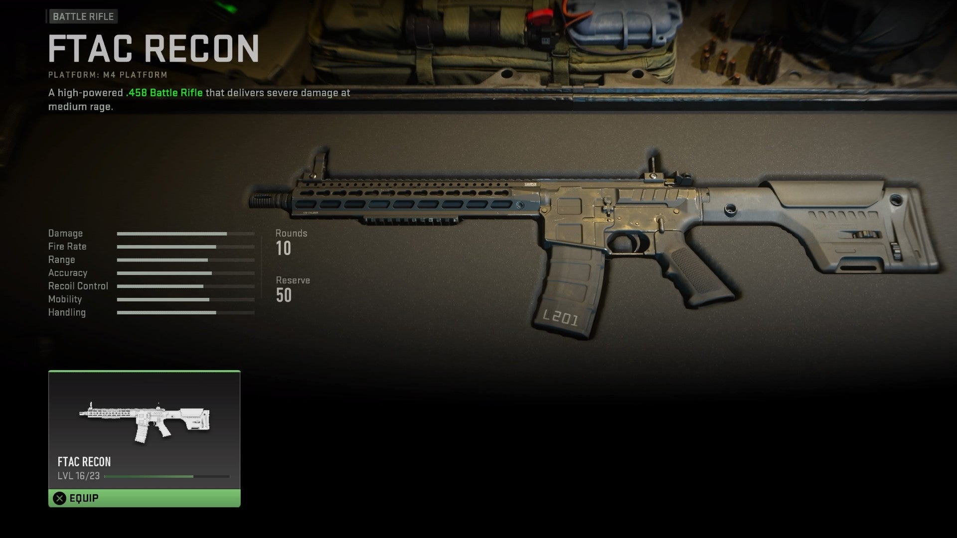 Modern Warfare 2 beta screenshot showing the FTAC Recon in a weapon container, with the stats on the left.