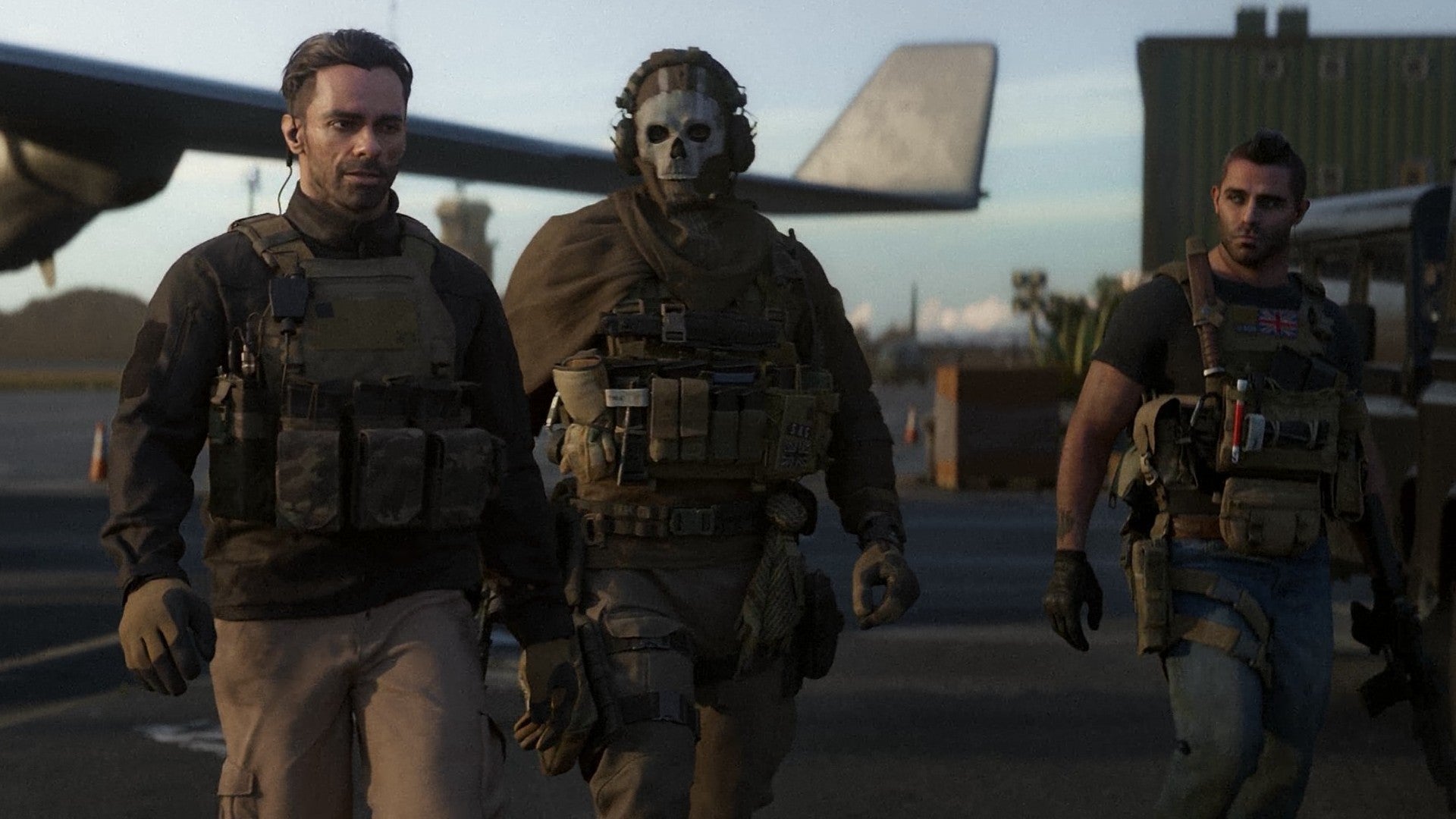 Modern Warfare 2 screenshot showing Alejandro, Ghost, and Soap walking on an air strip.