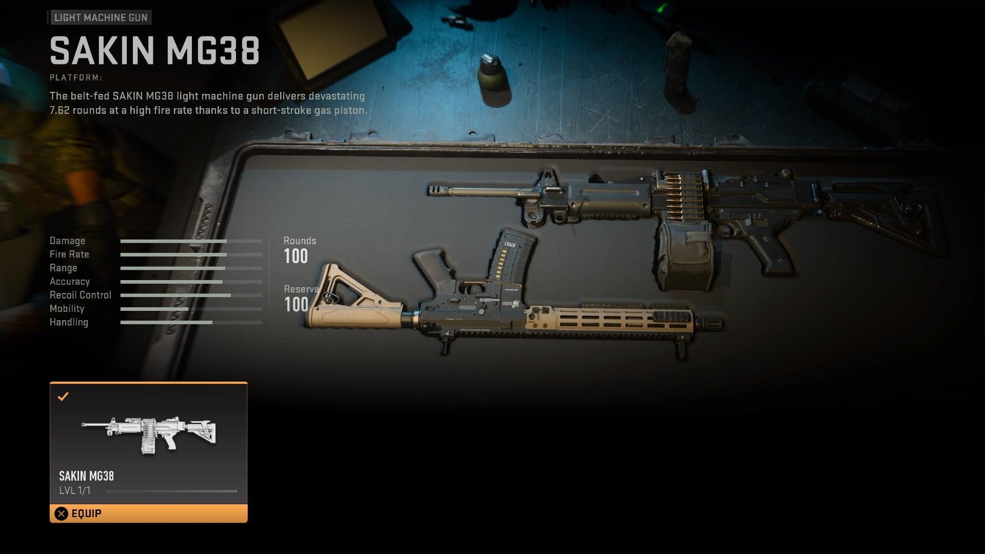 Modern Warfare 2 beta screenshot showing the Sakin LMG in a weapons container, with the stats on the left.