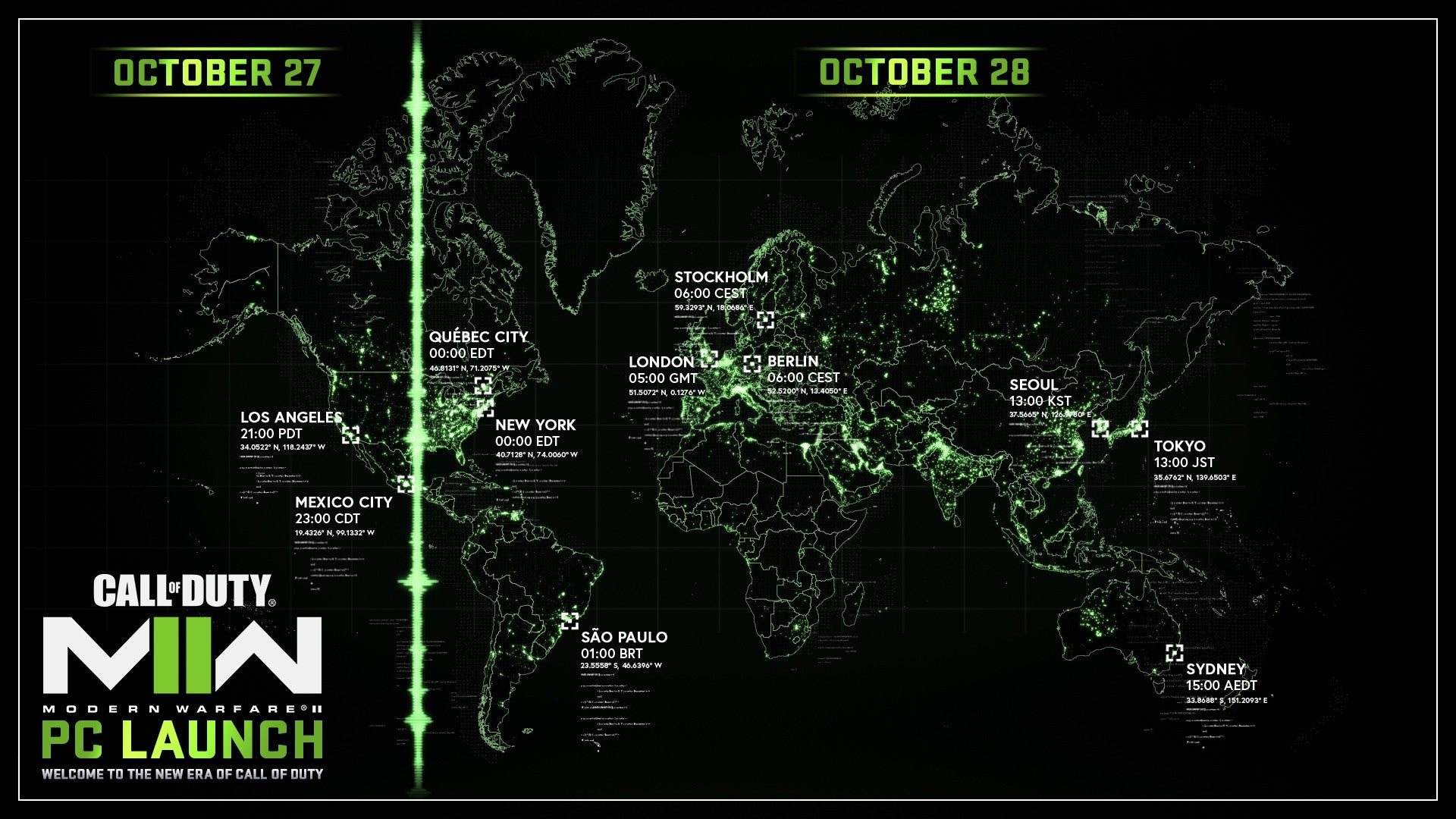Image showing Modern Warfare 2 launch times on PC in various regions on a map.