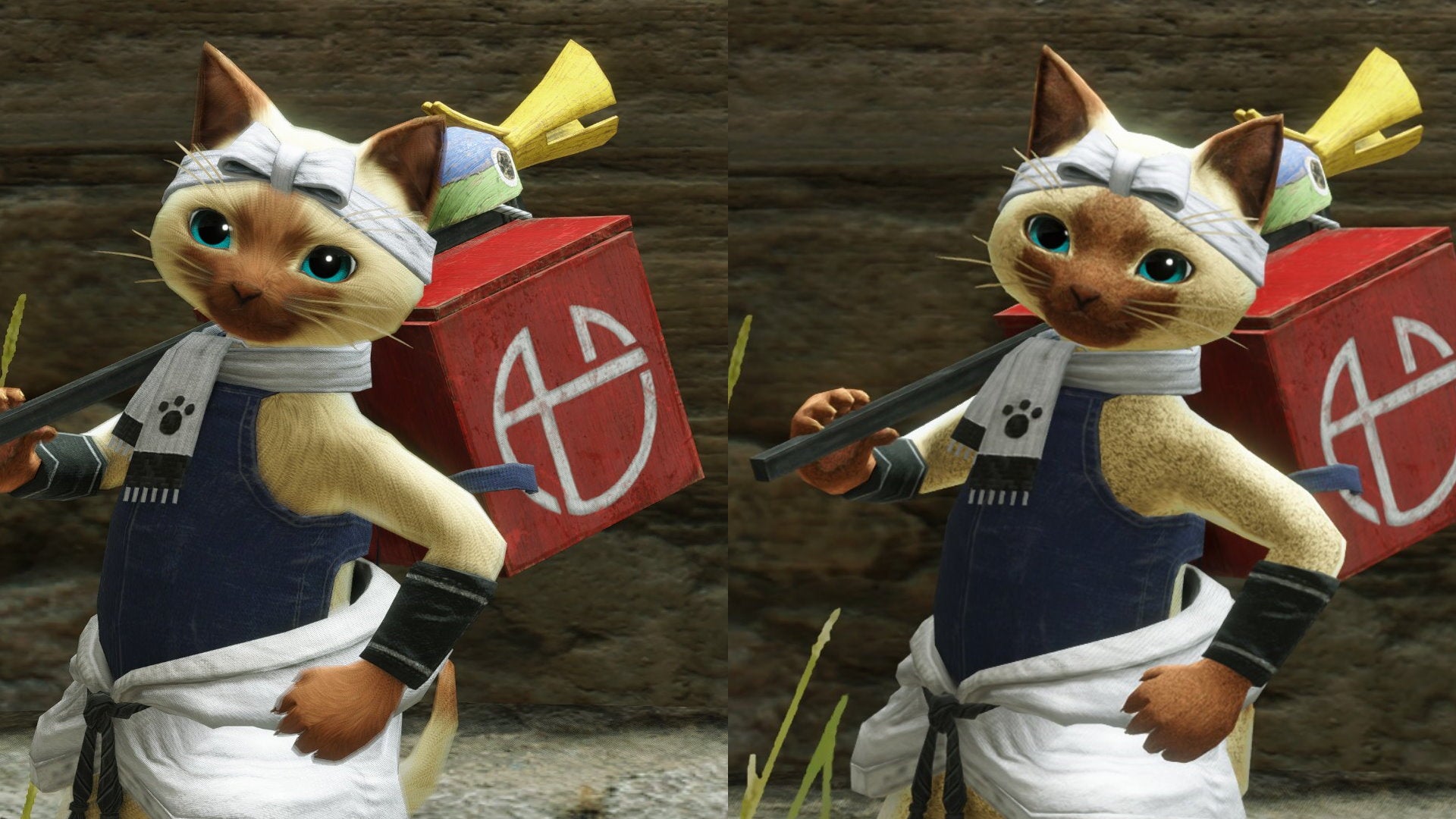 A comparison screenshot of two Palico cats from Monster Hunter Rise, with and without DLSS enabled