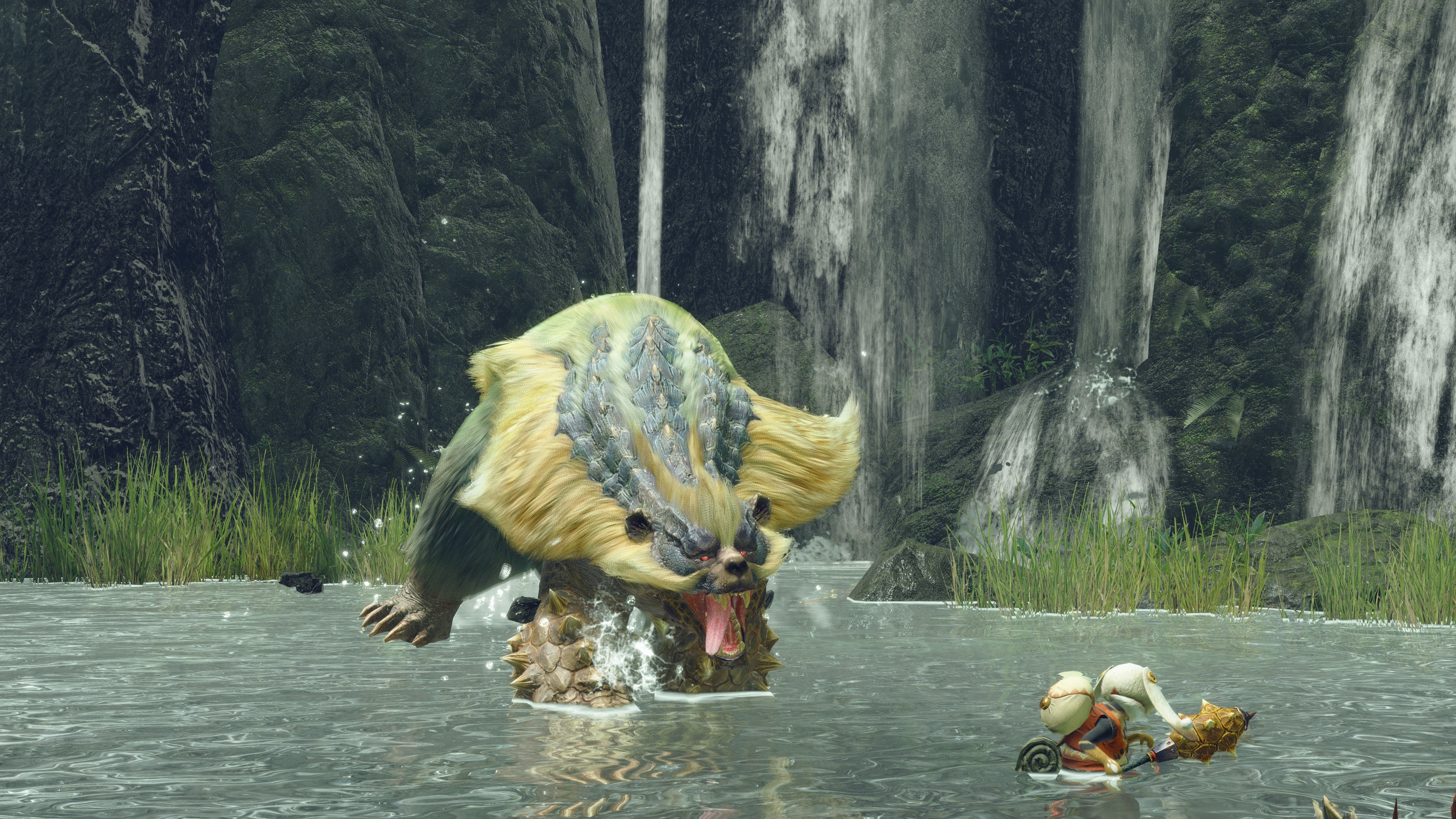 A blue Arzuros lunges at a small cat in a lake Monster Hunter Rise