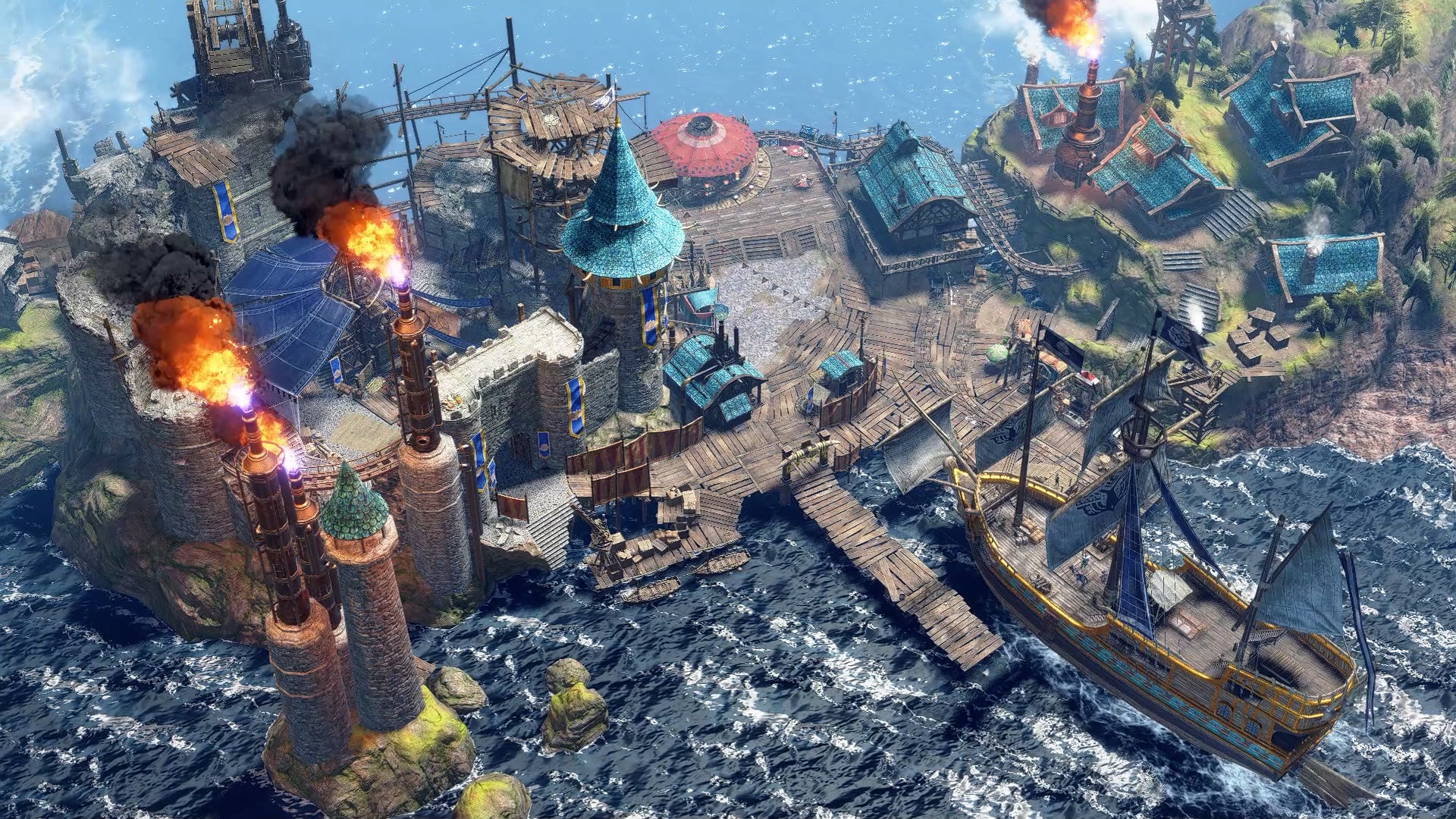 A medieval outpost surrounded by ocean. Fire blazes out of chimneys attached to a stone fort. The fort, called "Elgado", serves as the hub area in Monster Hunter Rise: Sunbreak