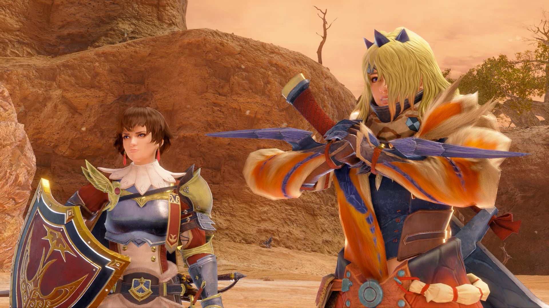 A hunter poses in victory while stood next to Fiorayne, a knight, in Monster Hunter Rise: Sunbreak