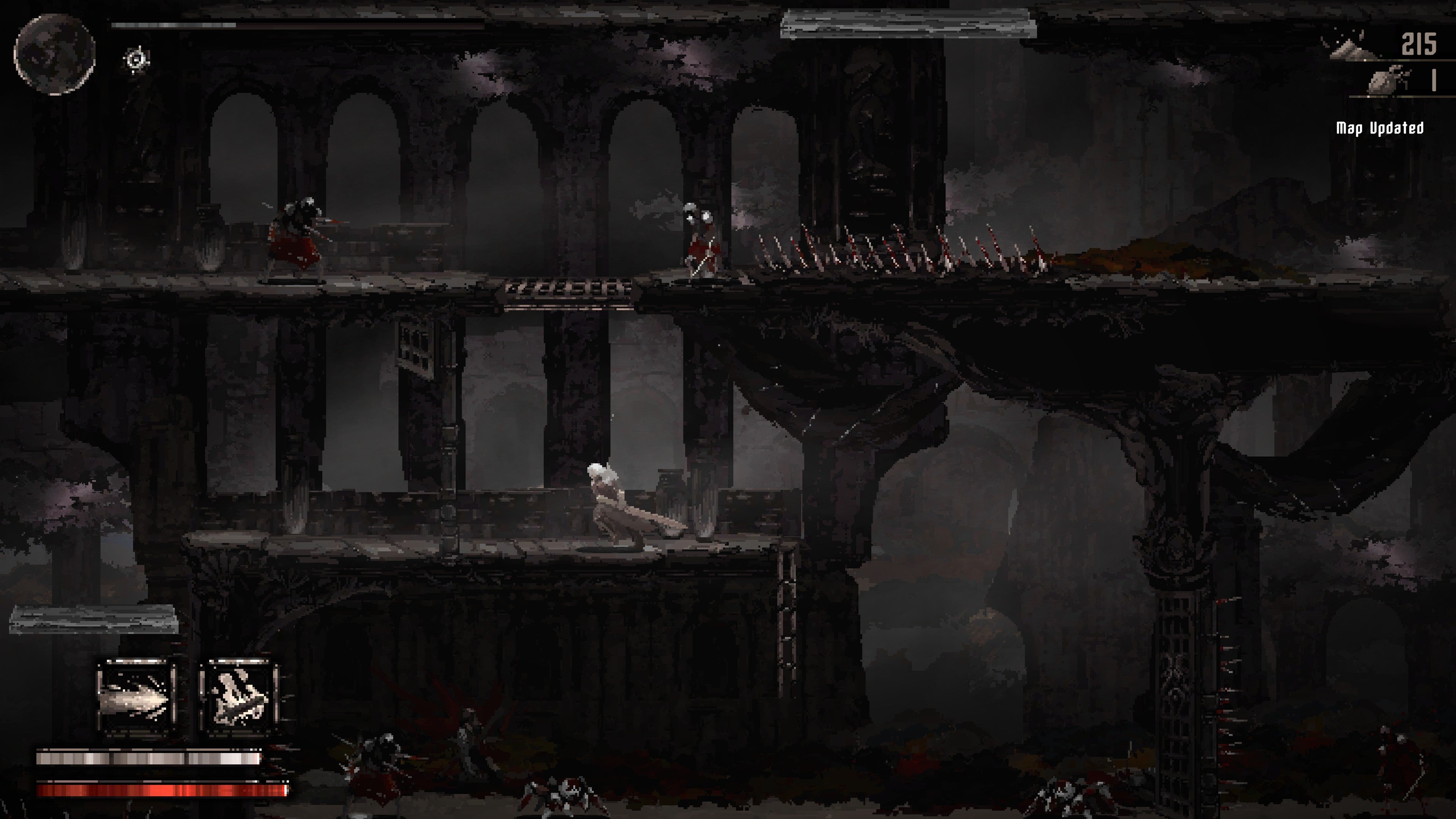 A white haired warrior runs through a castle in Moonscars