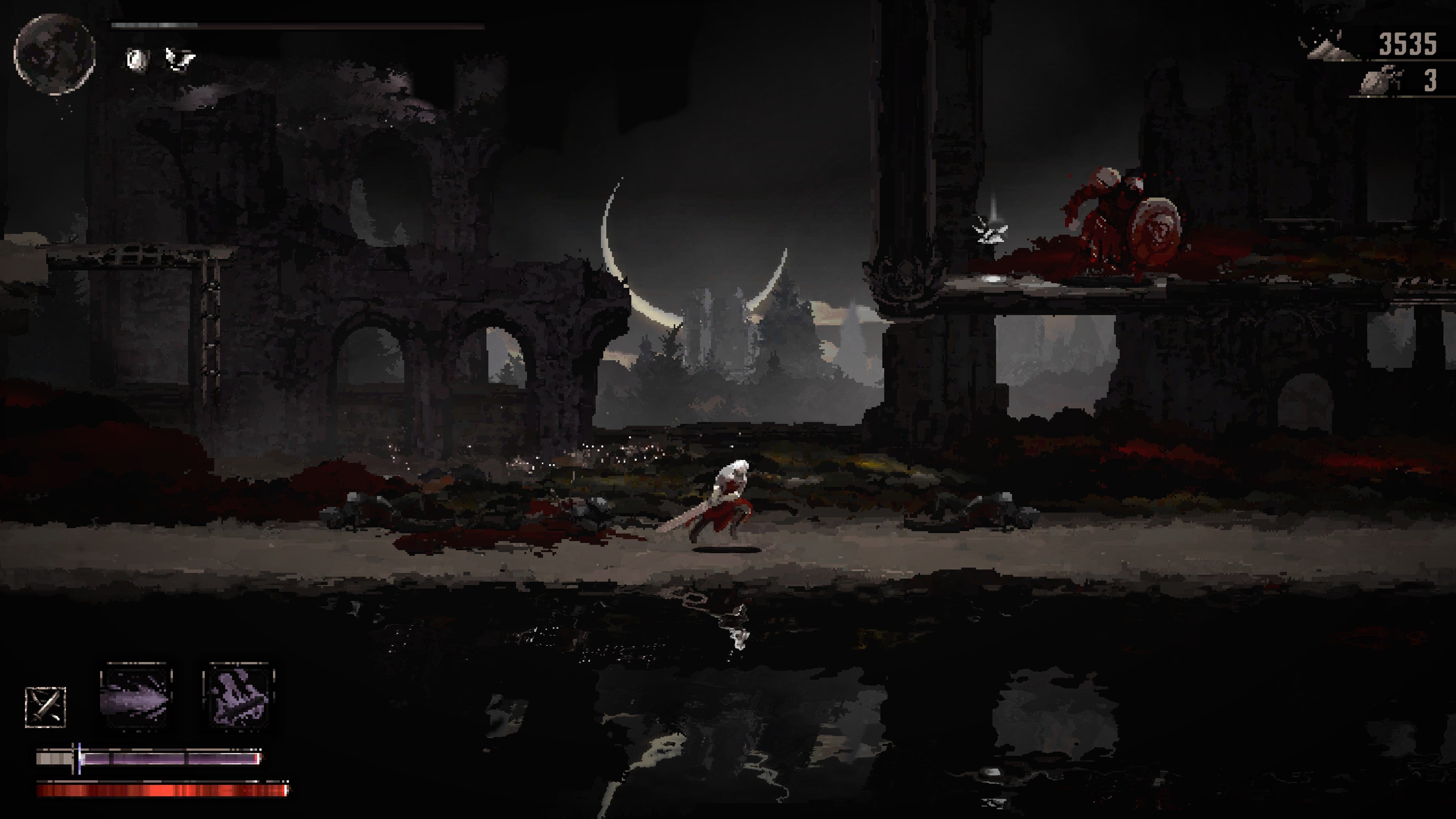 A white-haired warrior runs through dark ruins in front of a lake in Moonscars